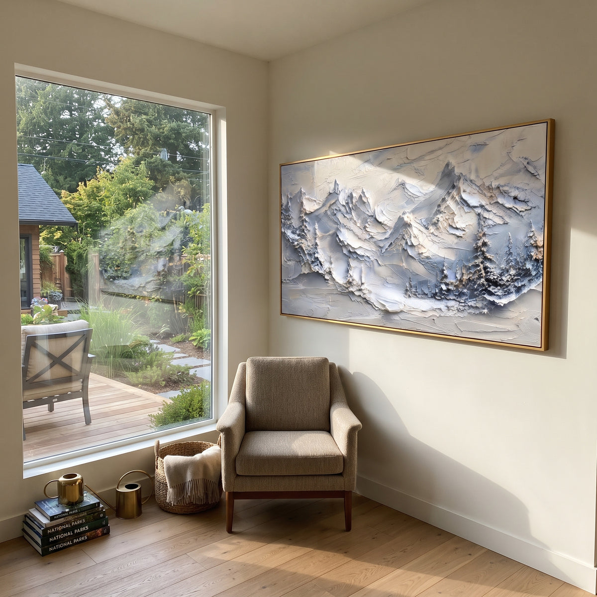 Blue Grey Pine Summit Band is written from the actual artwork image, focusing on blue grey pine summit band with dark fir edges and rugged raised peaks. The visible composition is specific rather than generic: dark fir edges, rugged blue-grey peaks, and thick raised snow texture. The wide horizontal layout controls how the eye travels through the scene, with the mountain mass, valley floor, tree line, water edge, or small figure details arranged to create depth across the canvas. Its white