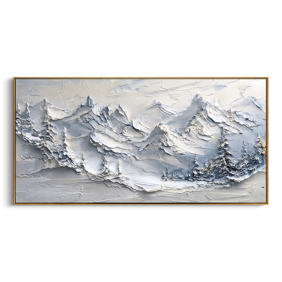 Blue Grey Pine Summit Band is written from the actual artwork image, focusing on blue grey pine summit band with dark fir edges and rugged raised peaks. The visible composition is specific rather than generic: dark fir edges, rugged blue-grey peaks, and thick raised snow texture. The wide horizontal layout controls how the eye travels through the scene, with the mountain mass, valley floor, tree line, water edge, or small figure details arranged to create depth across the canvas. Its white