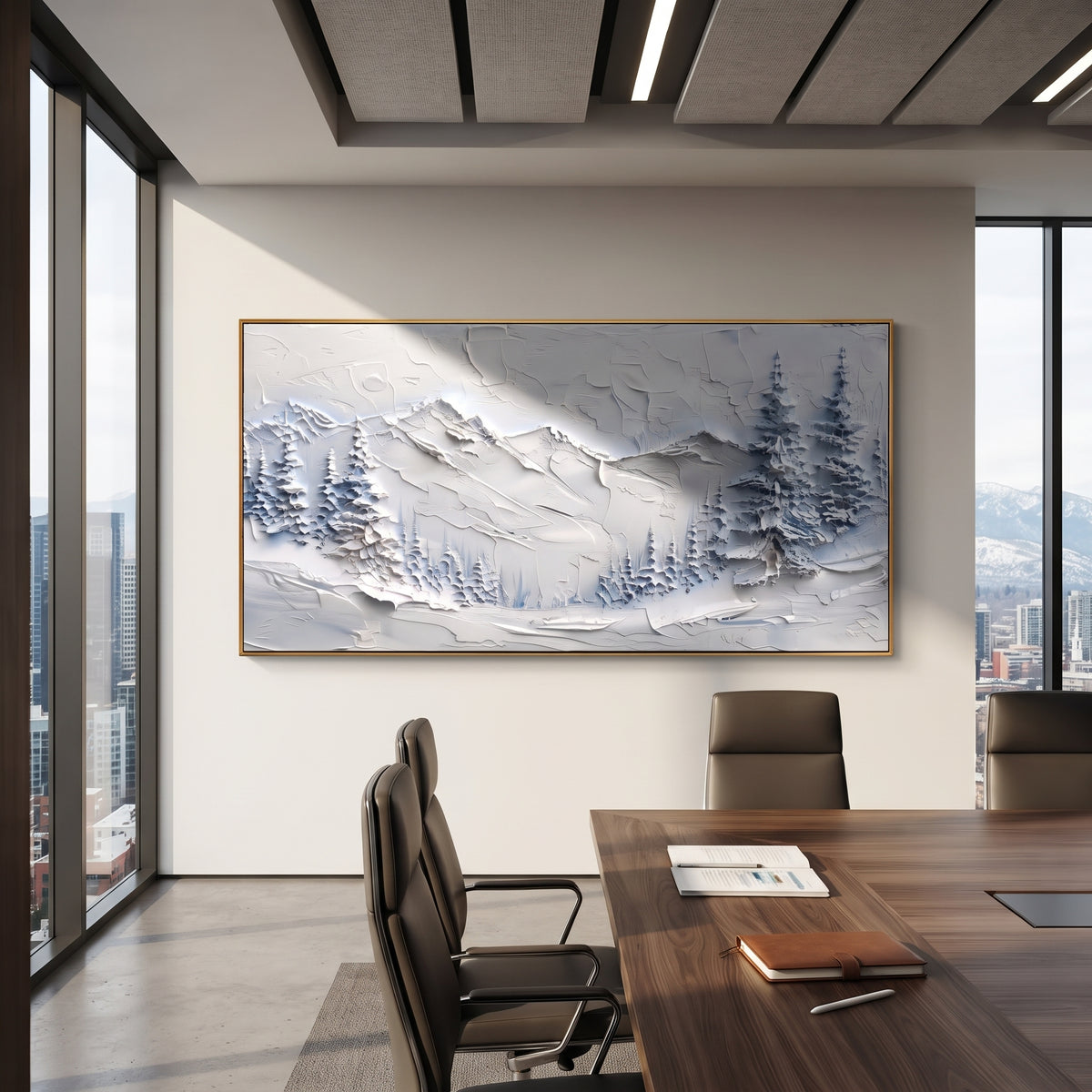 Frosted Fir Snow Basin is written from the actual artwork image, focusing on frosted fir snow basin with blue tree clusters and a low mountain backdrop. The visible composition is specific rather than generic: blue tree clusters, a low snowy basin, and pale mountains set into the background. The wide horizontal layout controls how the eye travels through the scene, with the mountain mass, valley floor, tree line, water edge, or small figure details arranged to create depth across the canvas. Its