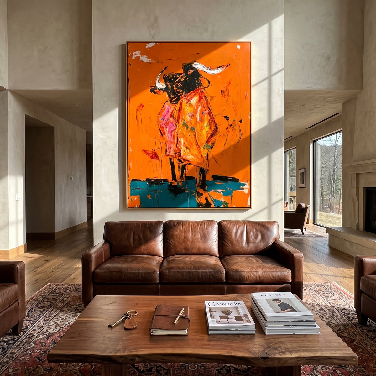 Orange Bull Rider Clash is written from the actual artwork image, focusing on a black bull and rider exploding across an orange ground with turquoise base shadows. The composition is built from specific visible details: charging black bull, horn shapes, rider energy, hot orange field, pink scrape marks, and turquoise lower shadow. The vertical composition keeps attention on charging black bull, horn shapes, rider energy, hot orange field, pink scrape marks, and turquoise lower shadow, using open