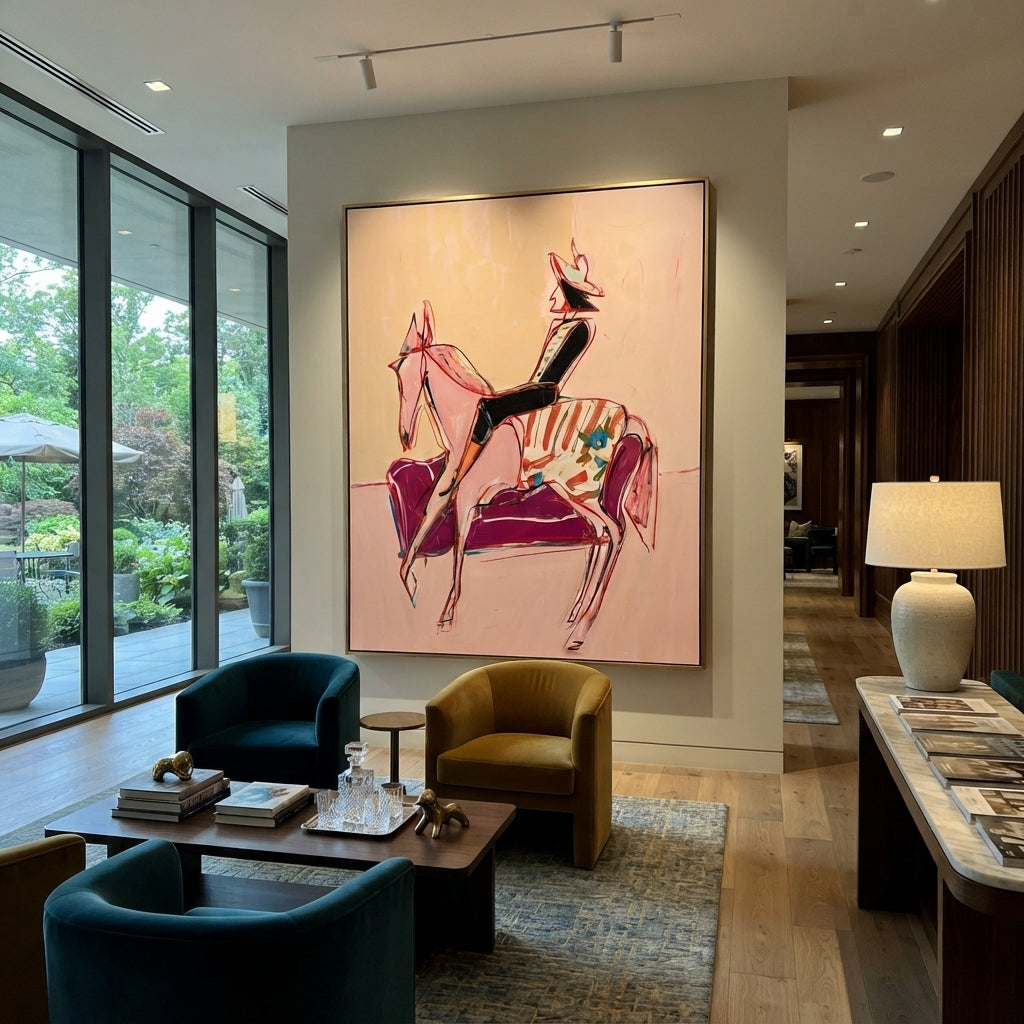 Pink Horse Lounge Rider is written from the actual artwork image, focusing on a stylized horse and rider beside a pink striped lounge chair on a pale ground. The composition is built from specific visible details: thin pink horse outline, seated rider silhouette, striped chair, pale open background, and playful fashion posture. The vertical composition keeps attention on thin pink horse outline, seated rider silhouette, striped chair, pale open background, and playful fashion posture, using open