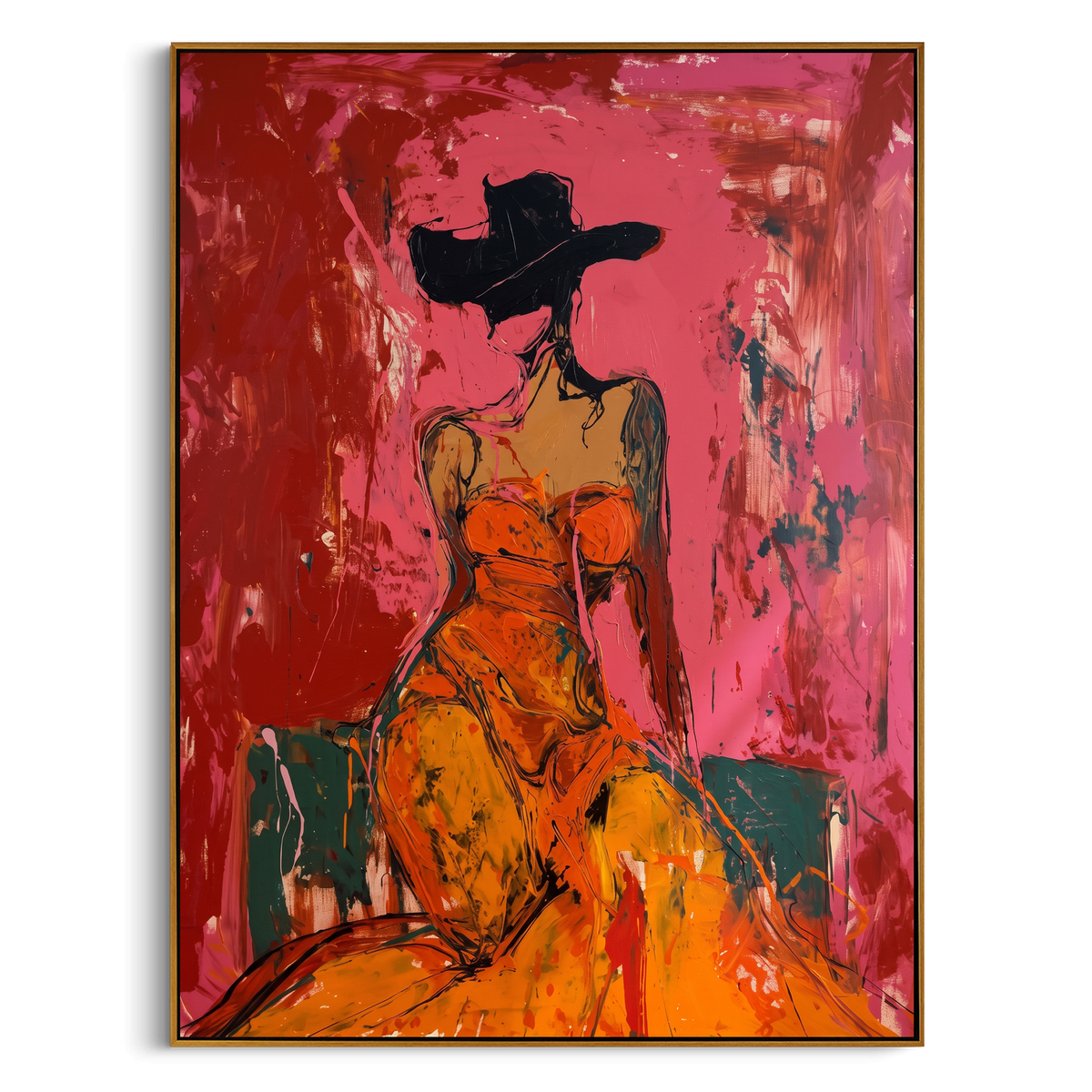 Crimson Glam Cowgirl is written from the actual artwork image, focusing on a glam cowgirl in orange dress and black hat against a crimson pink interior field. The composition is built from specific visible details: orange dress, black hat silhouette, rose crimson wall, teal floor block, and expressive scraped figure edges. The vertical composition keeps attention on orange dress, black hat silhouette, rose crimson wall, teal floor block, and expressive scraped figure edges, using open ground