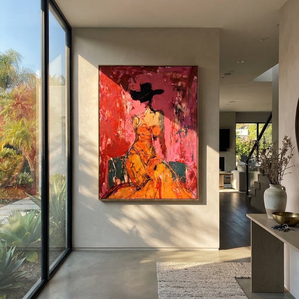 Crimson Glam Cowgirl is written from the actual artwork image, focusing on a glam cowgirl in orange dress and black hat against a crimson pink interior field. The composition is built from specific visible details: orange dress, black hat silhouette, rose crimson wall, teal floor block, and expressive scraped figure edges. The vertical composition keeps attention on orange dress, black hat silhouette, rose crimson wall, teal floor block, and expressive scraped figure edges, using open ground