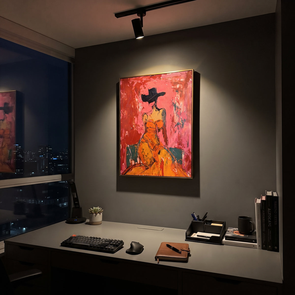 Crimson Glam Cowgirl is written from the actual artwork image, focusing on a glam cowgirl in orange dress and black hat against a crimson pink interior field. The composition is built from specific visible details: orange dress, black hat silhouette, rose crimson wall, teal floor block, and expressive scraped figure edges. The vertical composition keeps attention on orange dress, black hat silhouette, rose crimson wall, teal floor block, and expressive scraped figure edges, using open ground
