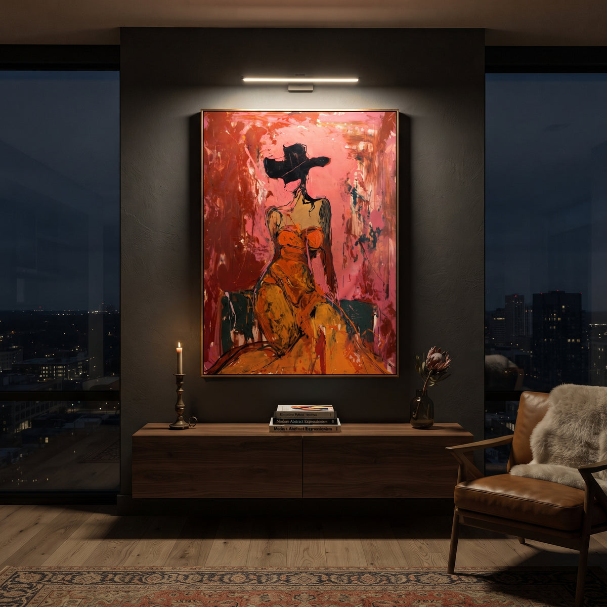 Crimson Glam Cowgirl is written from the actual artwork image, focusing on a glam cowgirl in orange dress and black hat against a crimson pink interior field. The composition is built from specific visible details: orange dress, black hat silhouette, rose crimson wall, teal floor block, and expressive scraped figure edges. The vertical composition keeps attention on orange dress, black hat silhouette, rose crimson wall, teal floor block, and expressive scraped figure edges, using open ground