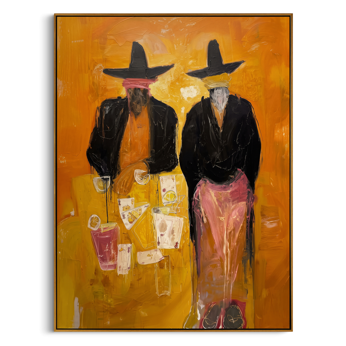 Mustard Poker Cowboys is written from the actual artwork image, focusing on two dark-hatted cowboys standing over cards and drinks on a mustard yellow ground. The composition is built from specific visible details: two black coats, tall hats, playing cards, cocktail glasses, pink trousers, and mustard saloon atmosphere. The vertical composition keeps attention on two black coats, tall hats, playing cards, cocktail glasses, pink trousers, and mustard saloon atmosphere, using open ground, cropped