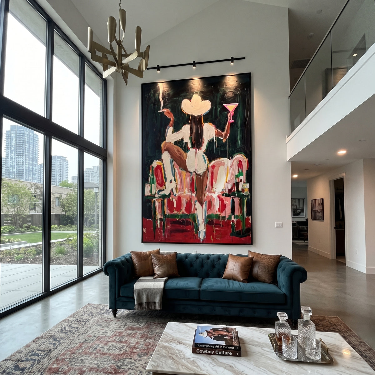 White Hat Sofa Cowgirl is written from the actual artwork image, focusing on a seated white-hat cowgirl with cocktail and high boots on a striped red sofa. The composition is built from specific visible details: white hat, raised arm, martini glass, red striped sofa, long boots, and dark nightclub background. The vertical composition keeps attention on white hat, raised arm, martini glass, red striped sofa, long boots, and dark nightclub background, using open ground, cropped edges, and strong
