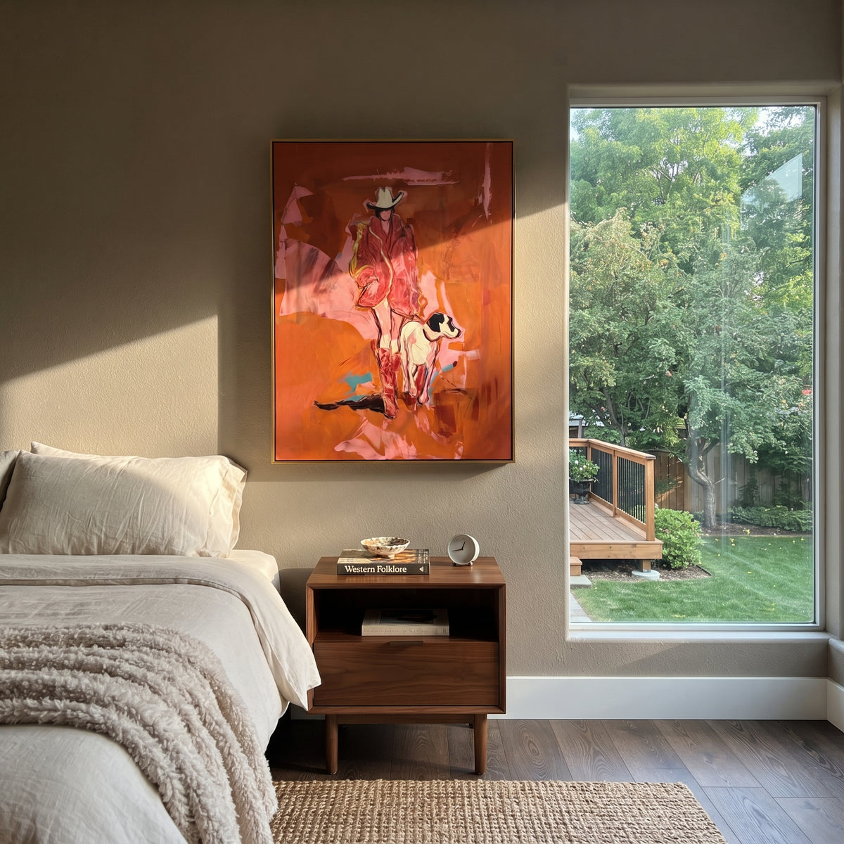 Terracotta Cowgirl Dog is written from the actual artwork image, focusing on a terracotta cowgirl standing with a small black-and-white dog under a wide hat. The composition is built from specific visible details: standing cowgirl, small dog companion, wide hat, red-orange ground, and gestural shadow marks. The vertical composition keeps attention on standing cowgirl, small dog companion, wide hat, red-orange ground, and gestural shadow marks, using open ground, cropped edges, and strong color