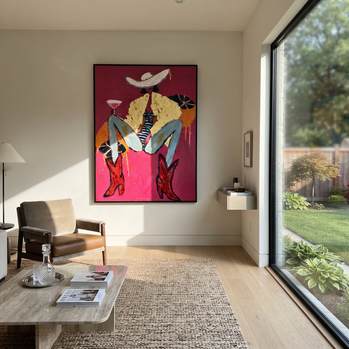 Magenta Boots Martini Cowgirl is written from the actual artwork image, focusing on a reclining cowgirl with red boots and martini glass on a hot magenta field. The composition is built from specific visible details: oversized white hat, lifted martini, blue jeans, red boots, yellow shirt texture, and magenta background. The vertical composition keeps attention on oversized white hat, lifted martini, blue jeans, red boots, yellow shirt texture, and magenta background, using open ground, cropped