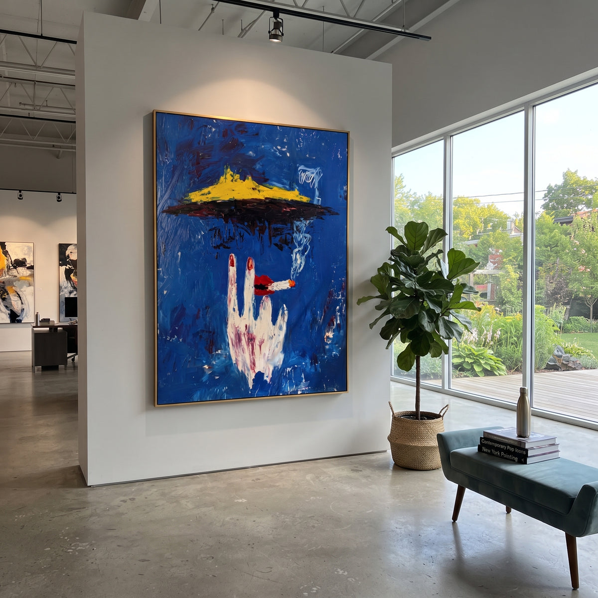Blue Cigarette Hand is written from the actual artwork image, focusing on a white hand holding a cigarette beneath a yellow hat shape on deep blue. The composition is built from specific visible details: white hand gesture, cigarette ember, yellow hat-like form, smoky marks, and saturated blue field. The vertical composition keeps attention on white hand gesture, cigarette ember, yellow hat-like form, smoky marks, and saturated blue field, using open ground, cropped edges, and strong color