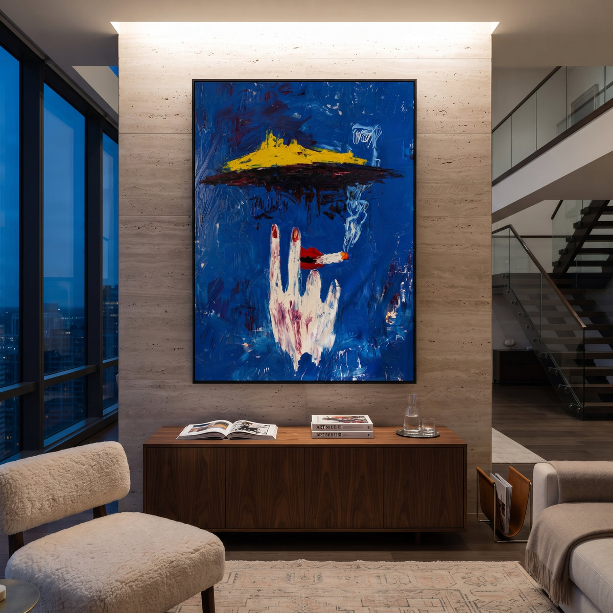Blue Cigarette Hand is written from the actual artwork image, focusing on a white hand holding a cigarette beneath a yellow hat shape on deep blue. The composition is built from specific visible details: white hand gesture, cigarette ember, yellow hat-like form, smoky marks, and saturated blue field. The vertical composition keeps attention on white hand gesture, cigarette ember, yellow hat-like form, smoky marks, and saturated blue field, using open ground, cropped edges, and strong color