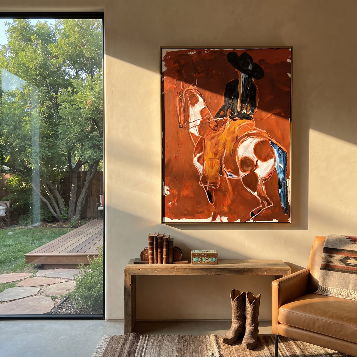 Crimson Reins Horseman is written from the actual artwork image, focusing on a black-hatted rider holding reins on a white horse against a burnt red ground. The composition is built from specific visible details: white horse head, black rider silhouette, reins line, burnt red field, and rough gestural edges. The vertical composition keeps attention on white horse head, black rider silhouette, reins line, burnt red field, and rough gestural edges, using open ground, cropped edges, and strong