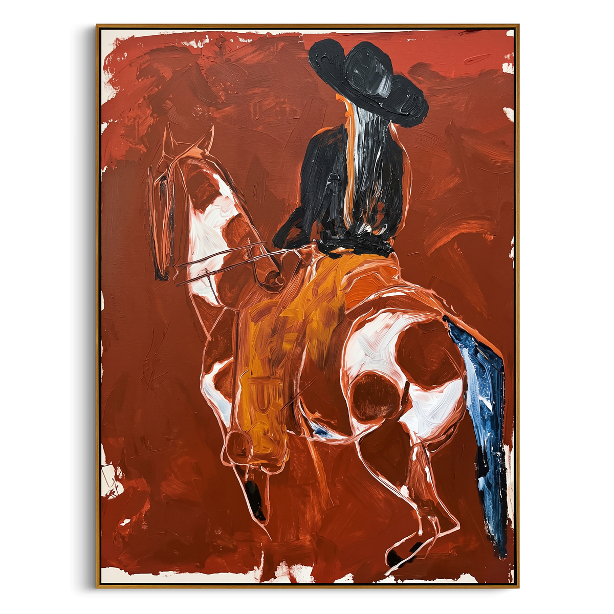 Crimson Reins Horseman is written from the actual artwork image, focusing on a black-hatted rider holding reins on a white horse against a burnt red ground. The composition is built from specific visible details: white horse head, black rider silhouette, reins line, burnt red field, and rough gestural edges. The vertical composition keeps attention on white horse head, black rider silhouette, reins line, burnt red field, and rough gestural edges, using open ground, cropped edges, and strong