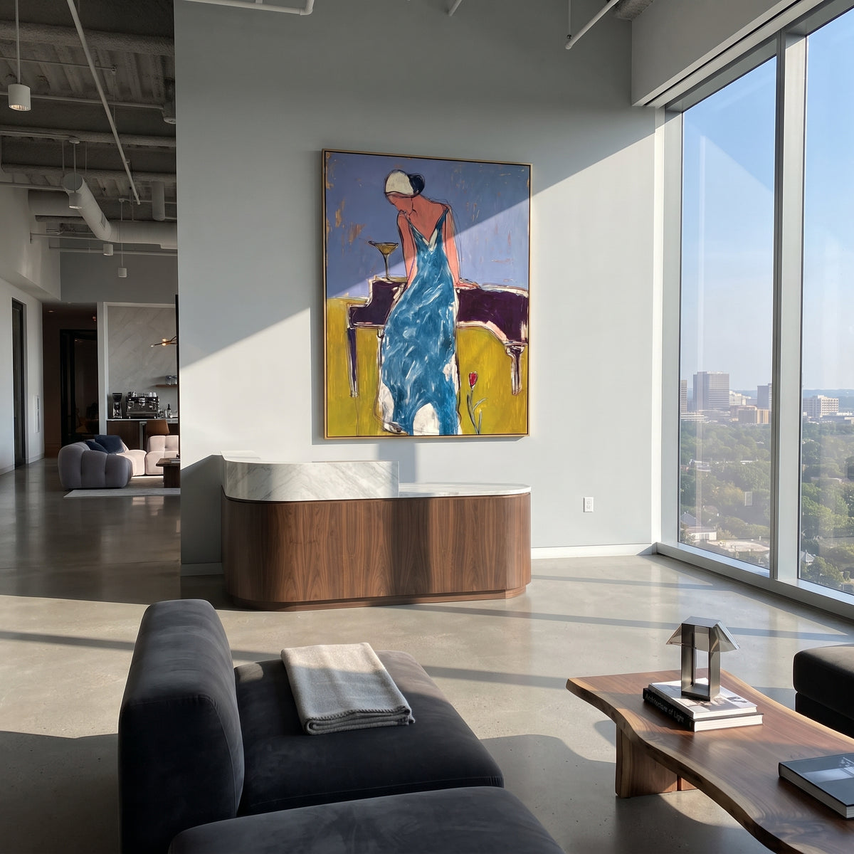 Blue Dress Martini Grace is written from the actual artwork image, focusing on a woman in a blue dress leaning over a table with a martini glass. The composition is built from specific visible details: turquoise blue dress, pale head wrap, martini glass, table edge, muted wall, and elongated elegant pose. The vertical composition keeps attention on turquoise blue dress, pale head wrap, martini glass, table edge, muted wall, and elongated elegant pose, using open ground, cropped edges, and strong