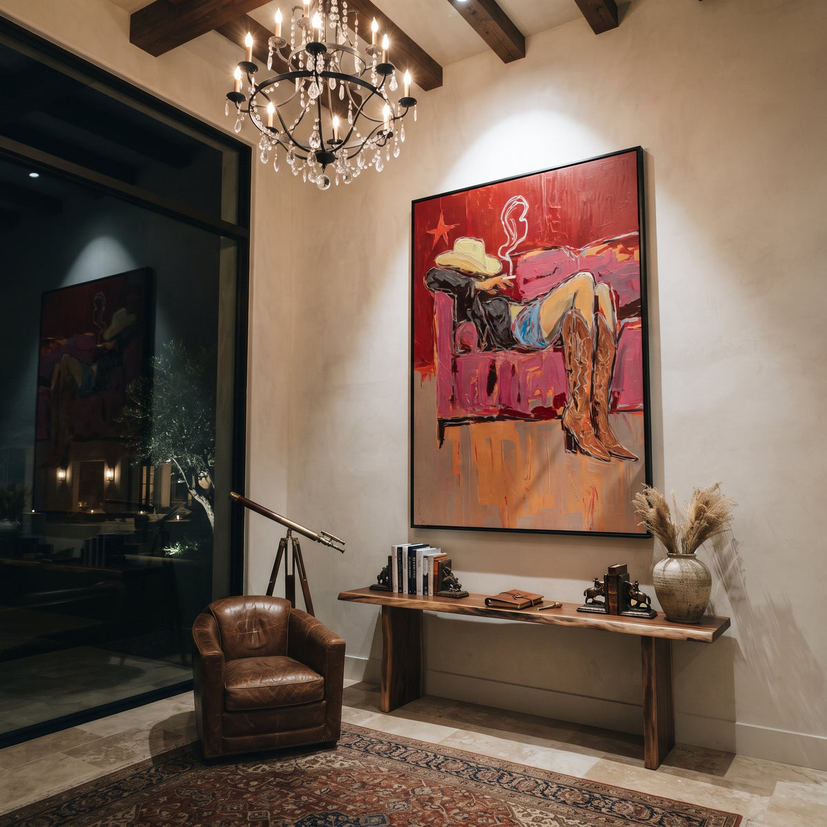 Rose Couch Rodeo is written from the actual artwork image, focusing on a reclining cowboy figure with smoke and hat on a rose-red couch. The composition is built from specific visible details: reclining body, cowboy hat, smoke curl, red couch plane, star mark, and relaxed after-hours mood. The vertical composition keeps attention on reclining body, cowboy hat, smoke curl, red couch plane, star mark, and relaxed after-hours mood, using open ground, cropped edges, and strong color blocks to make