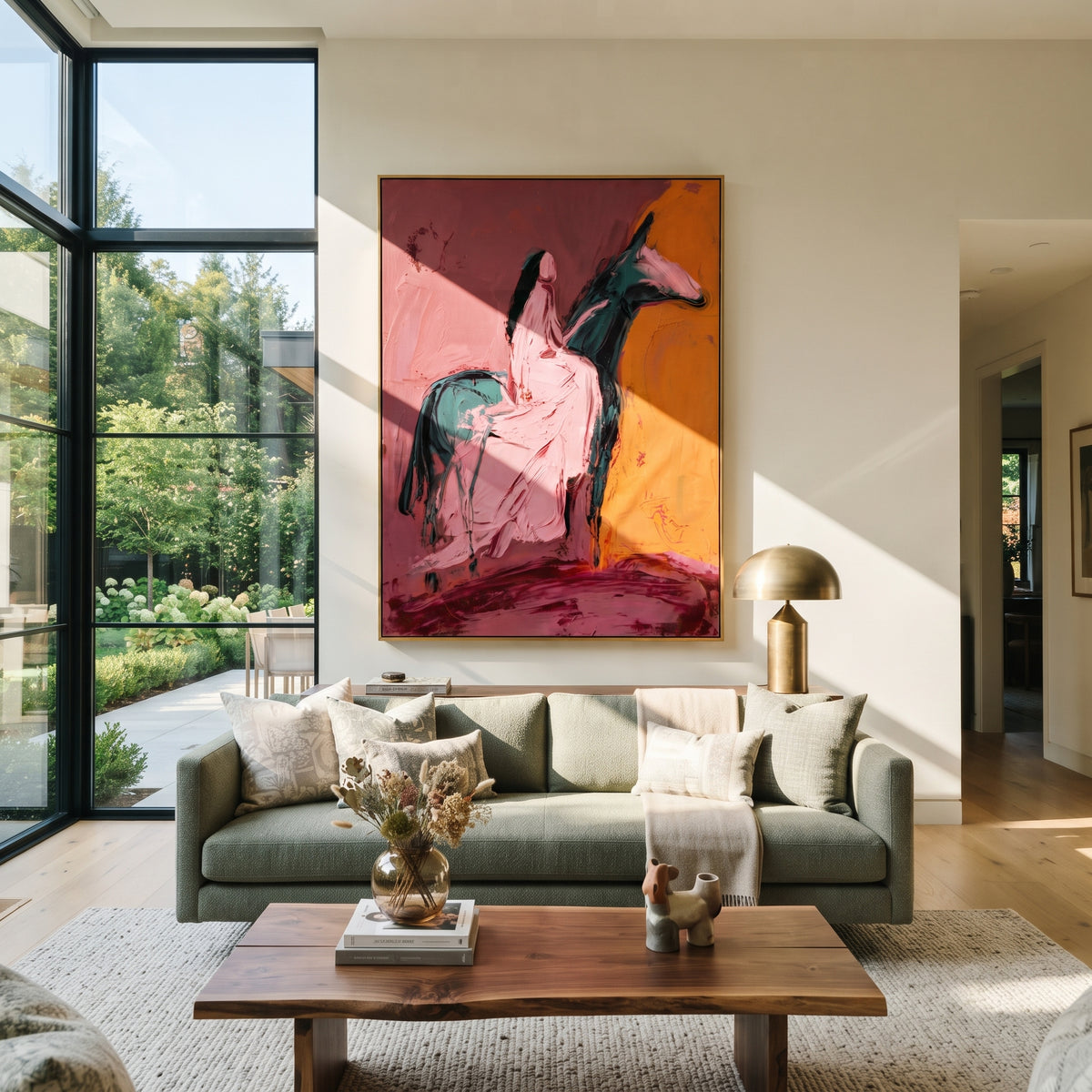Pink Horseback Woman is written from the actual artwork image, focusing on a dark-haired woman seated on a pink horse against orange and magenta. The composition is built from specific visible details: pink horse body, black mane, orange side field, magenta base, and simplified rider silhouette. The vertical composition keeps attention on pink horse body, black mane, orange side field, magenta base, and simplified rider silhouette, using open ground, cropped edges, and strong color blocks to