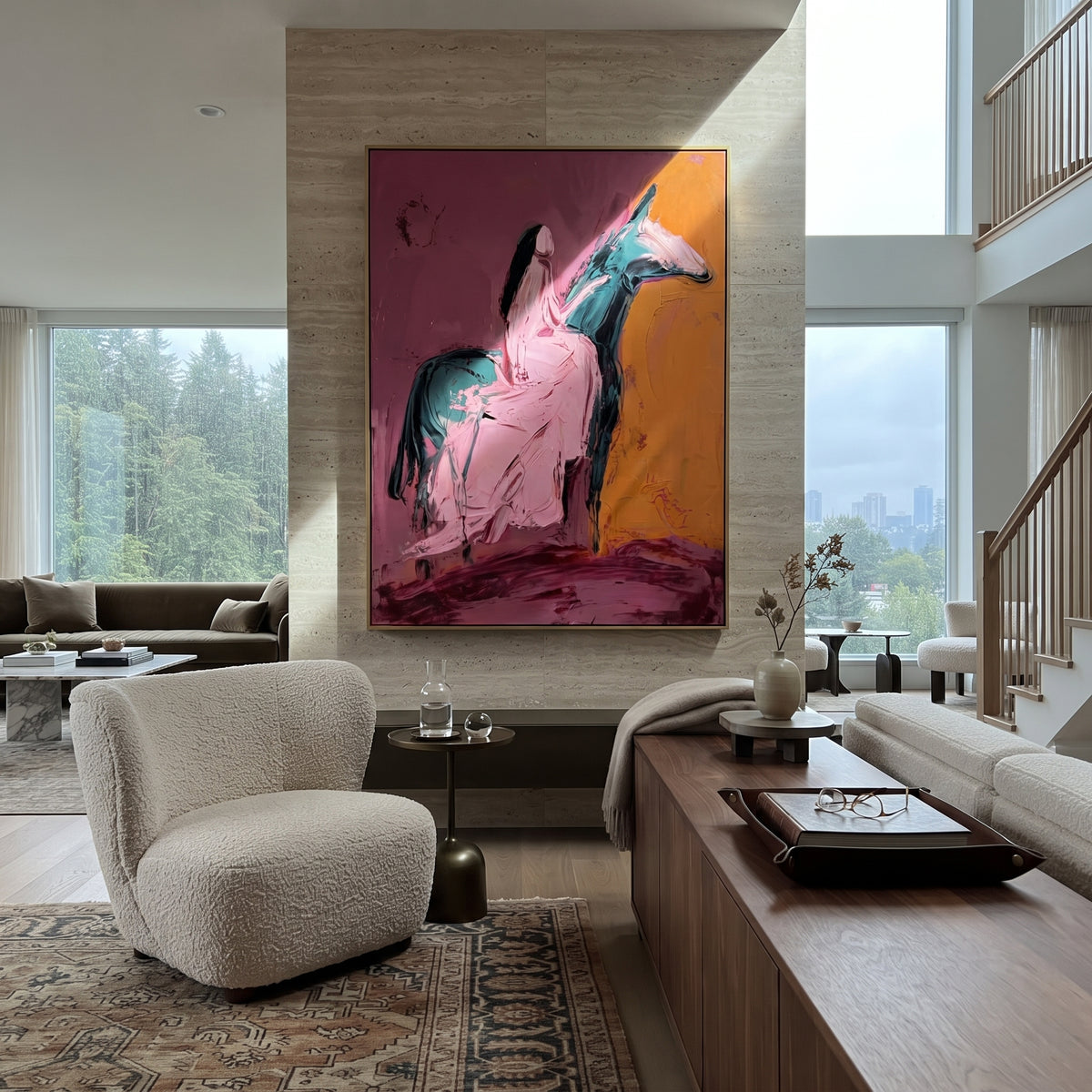 Pink Horseback Woman is written from the actual artwork image, focusing on a dark-haired woman seated on a pink horse against orange and magenta. The composition is built from specific visible details: pink horse body, black mane, orange side field, magenta base, and simplified rider silhouette. The vertical composition keeps attention on pink horse body, black mane, orange side field, magenta base, and simplified rider silhouette, using open ground, cropped edges, and strong color blocks to