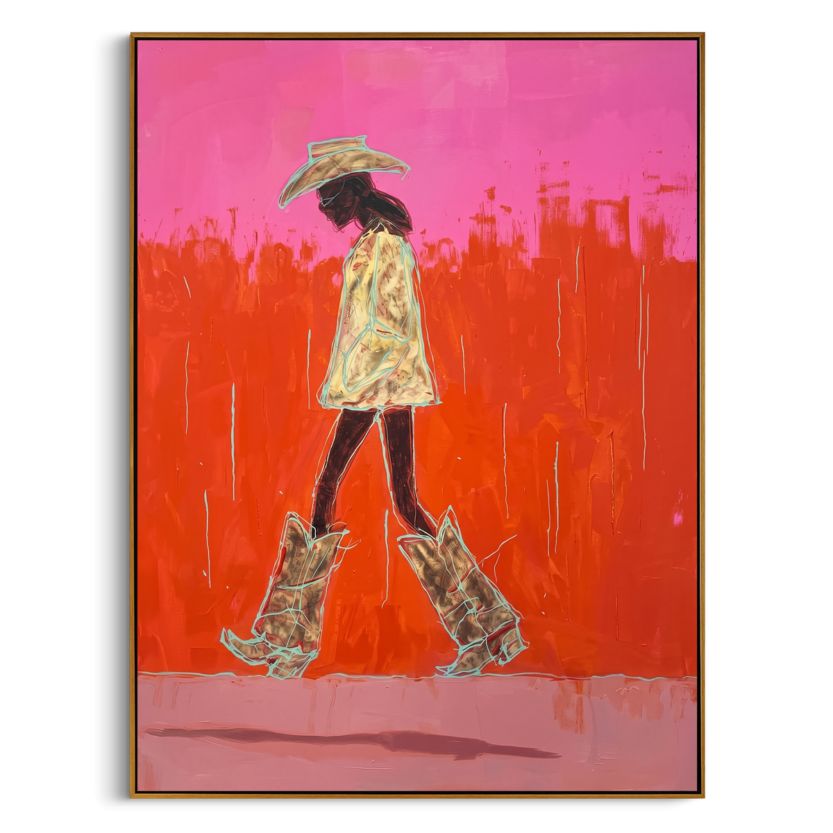 Orange Desert Catwalk is written from the actual artwork image, focusing on a walking cowgirl in patterned coat and oversized boots on an orange pink field. The composition is built from specific visible details: side-walking figure, straw hat, patterned coat, tall boots, orange field, and pink skyline marks. The vertical composition keeps attention on side-walking figure, straw hat, patterned coat, tall boots, orange field, and pink skyline marks, using open ground, cropped edges, and strong