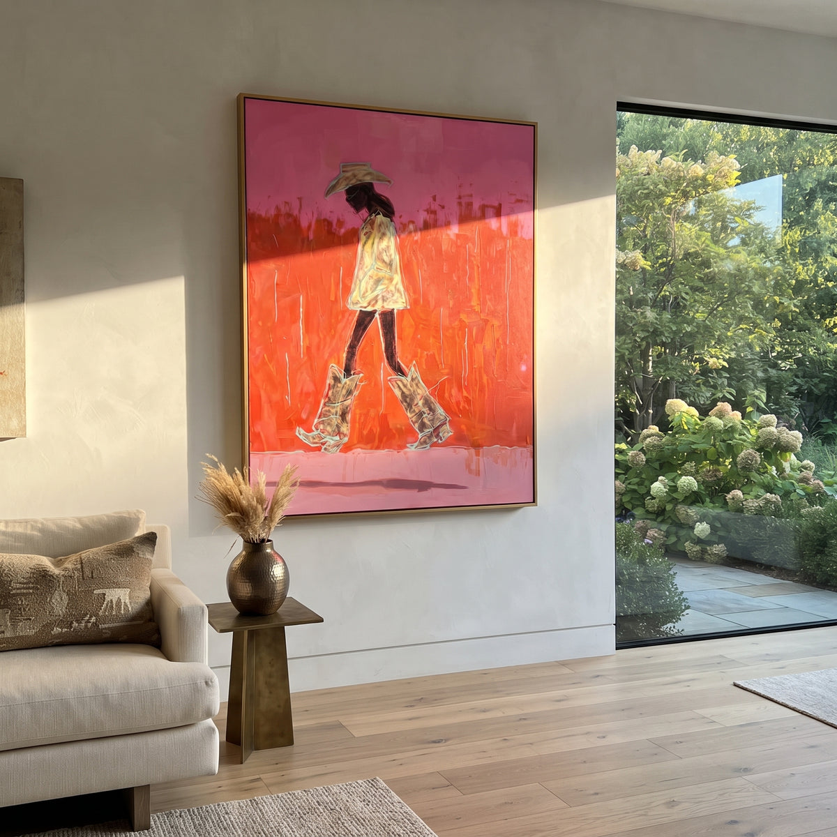 Orange Desert Catwalk is written from the actual artwork image, focusing on a walking cowgirl in patterned coat and oversized boots on an orange pink field. The composition is built from specific visible details: side-walking figure, straw hat, patterned coat, tall boots, orange field, and pink skyline marks. The vertical composition keeps attention on side-walking figure, straw hat, patterned coat, tall boots, orange field, and pink skyline marks, using open ground, cropped edges, and strong