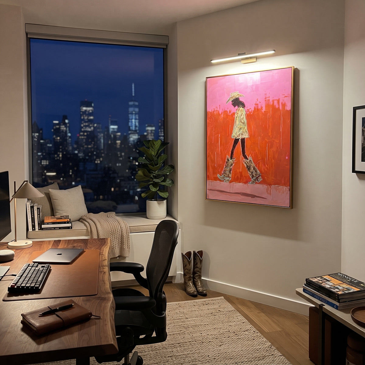 Orange Desert Catwalk is written from the actual artwork image, focusing on a walking cowgirl in patterned coat and oversized boots on an orange pink field. The composition is built from specific visible details: side-walking figure, straw hat, patterned coat, tall boots, orange field, and pink skyline marks. The vertical composition keeps attention on side-walking figure, straw hat, patterned coat, tall boots, orange field, and pink skyline marks, using open ground, cropped edges, and strong
