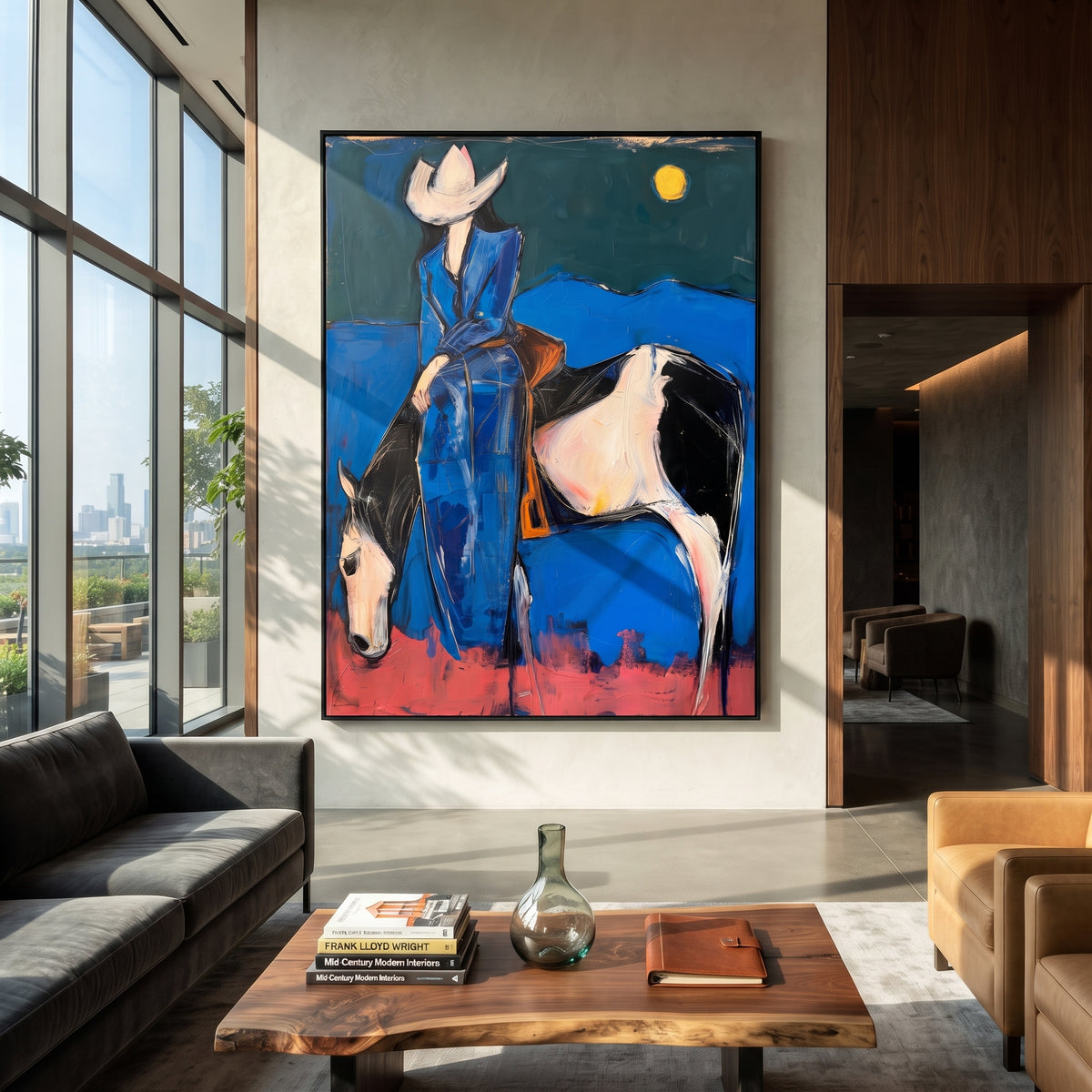 Midnight Blue Horse Rider is written from the actual artwork image, focusing on a blue-clad rider on a white horse beneath a moon over dark desert hills. The composition is built from specific visible details: white horse, blue rider clothing, crescent-like moon, dark hill line, pink ground, and night western mood. The vertical composition keeps attention on white horse, blue rider clothing, crescent-like moon, dark hill line, pink ground, and night western mood, using open ground, cropped