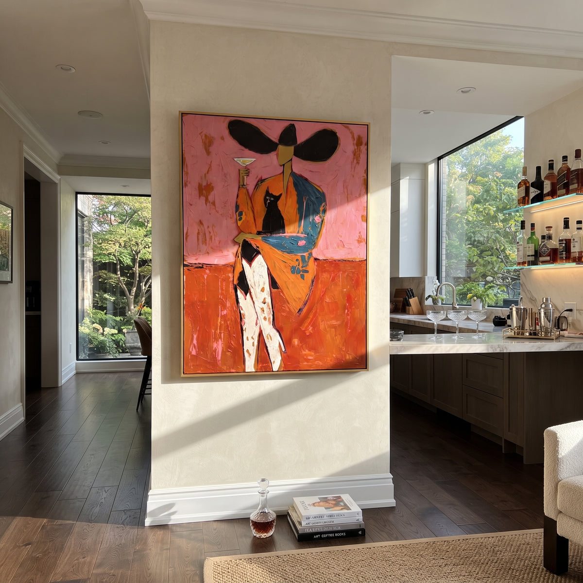 Black Cat Martini Cowgirl is written from the actual artwork image, focusing on a seated cowgirl with black cat, martini glass, and broad hat on a rose field. The composition is built from specific visible details: black cat on lap, martini glass, broad black hat, orange coat, pink wall, and crossed legs. The vertical composition keeps attention on black cat on lap, martini glass, broad black hat, orange coat, pink wall, and crossed legs, using open ground, cropped edges, and strong color blocks