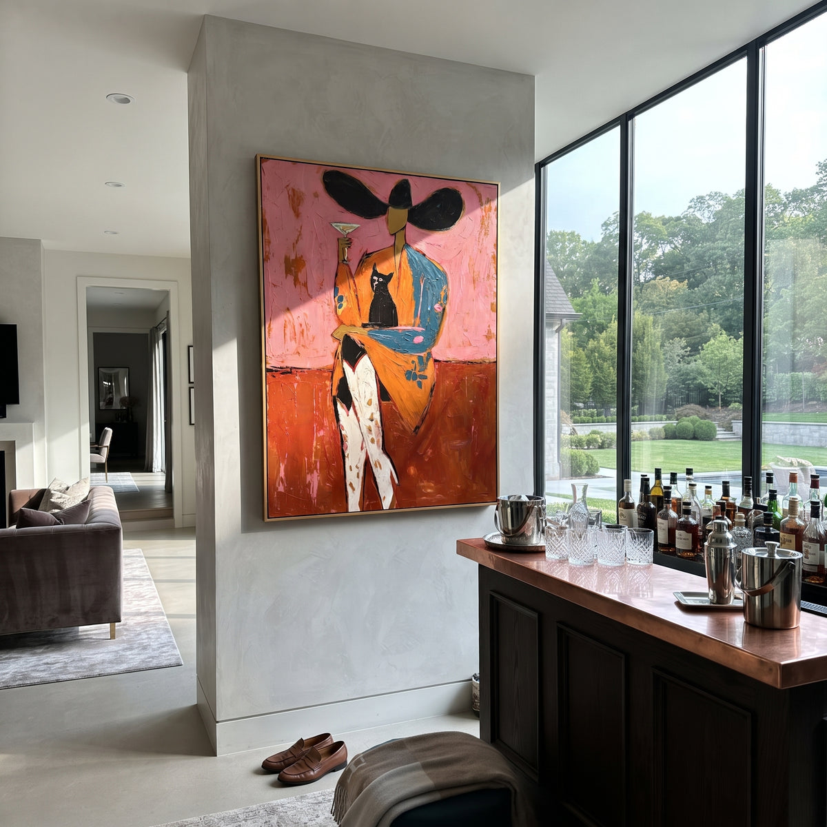 Black Cat Martini Cowgirl is written from the actual artwork image, focusing on a seated cowgirl with black cat, martini glass, and broad hat on a rose field. The composition is built from specific visible details: black cat on lap, martini glass, broad black hat, orange coat, pink wall, and crossed legs. The vertical composition keeps attention on black cat on lap, martini glass, broad black hat, orange coat, pink wall, and crossed legs, using open ground, cropped edges, and strong color blocks