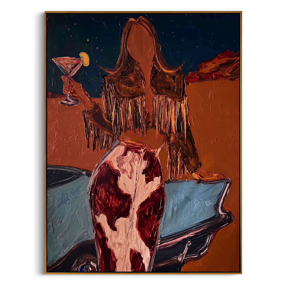 Desert Martini Muse is written from the actual artwork image, focusing on a rear-view cowgirl with martini glass near a truck bed and desert horizon. The composition is built from specific visible details: back view cowgirl, martini glass, truck bed edge, orange desert wall, fringe hair, and red shadow blocks. The vertical composition keeps attention on back view cowgirl, martini glass, truck bed edge, orange desert wall, fringe hair, and red shadow blocks, using open ground, cropped edges, and