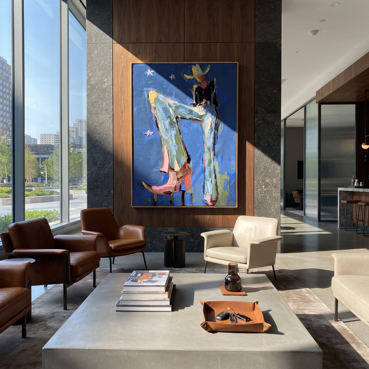 Blue Boot Midnight Rodeo is written from the actual artwork image, focusing on a lounging cowboy in blue boots and hat against a starry deep blue field. The composition is built from specific visible details: long blue legs, cowboy boots, black hat, small star marks, and relaxed rodeo chair posture. The vertical composition keeps attention on long blue legs, cowboy boots, black hat, small star marks, and relaxed rodeo chair posture, using open ground, cropped edges, and strong color blocks to
