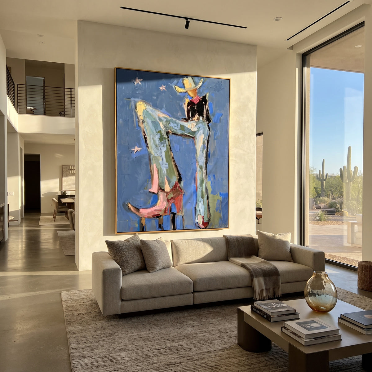 Blue Boot Midnight Rodeo is written from the actual artwork image, focusing on a lounging cowboy in blue boots and hat against a starry deep blue field. The composition is built from specific visible details: long blue legs, cowboy boots, black hat, small star marks, and relaxed rodeo chair posture. The vertical composition keeps attention on long blue legs, cowboy boots, black hat, small star marks, and relaxed rodeo chair posture, using open ground, cropped edges, and strong color blocks to