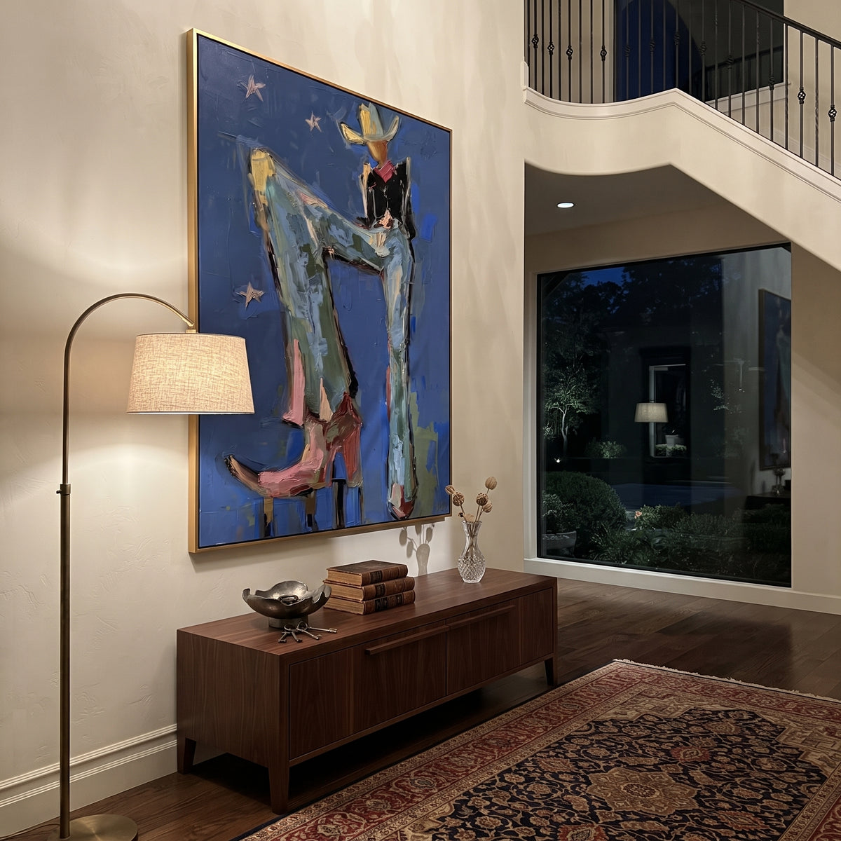 Blue Boot Midnight Rodeo is written from the actual artwork image, focusing on a lounging cowboy in blue boots and hat against a starry deep blue field. The composition is built from specific visible details: long blue legs, cowboy boots, black hat, small star marks, and relaxed rodeo chair posture. The vertical composition keeps attention on long blue legs, cowboy boots, black hat, small star marks, and relaxed rodeo chair posture, using open ground, cropped edges, and strong color blocks to