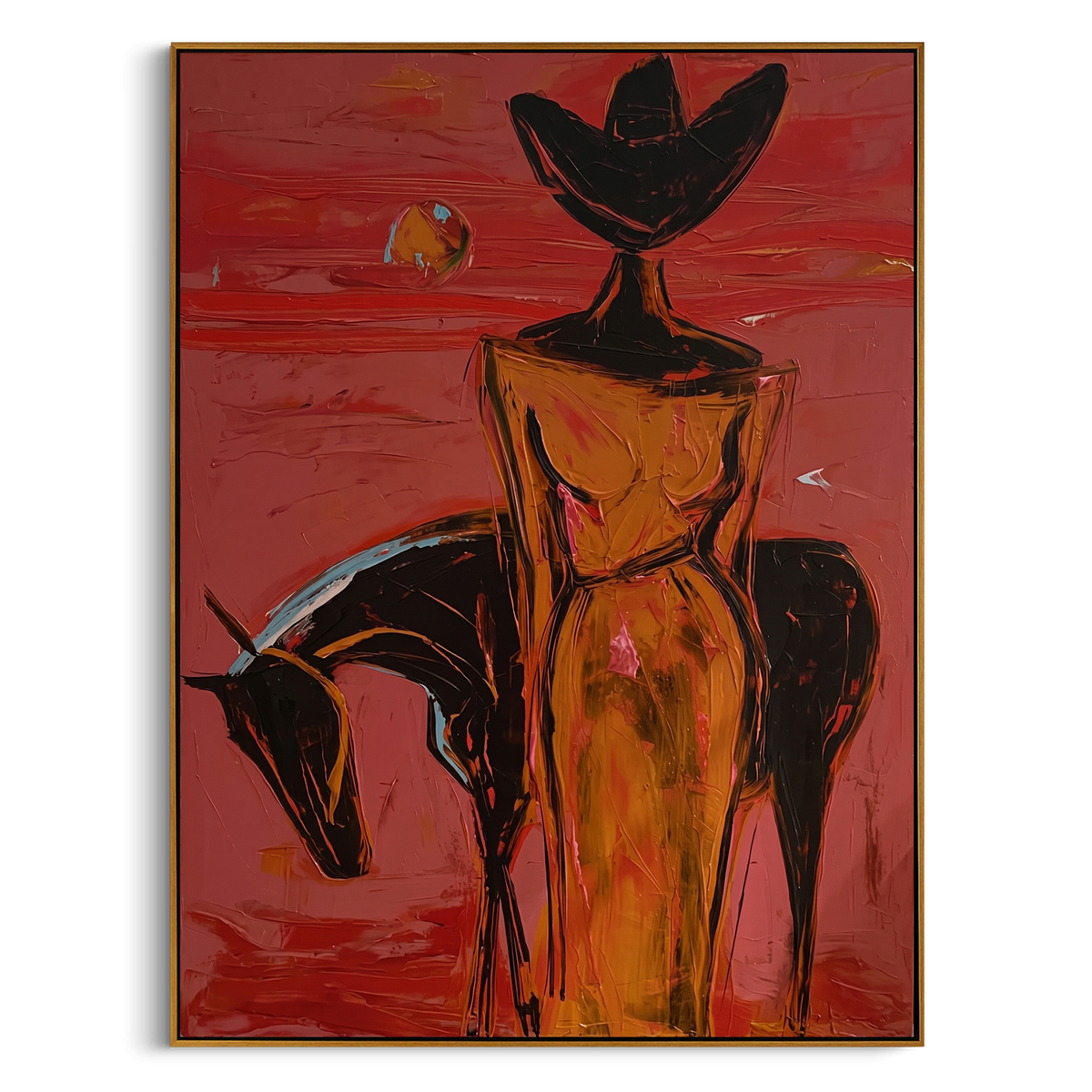 Red Horseback Cowgirl Back is written from the actual artwork image, focusing on a lone cowgirl seen from behind with horse form and deep red western field. The composition is built from specific visible details: back-facing cowgirl, black hat, horse curve, red horizon, orange clothing, and solitary desert mood. The vertical composition keeps attention on back-facing cowgirl, black hat, horse curve, red horizon, orange clothing, and solitary desert mood, using open ground, cropped edges, and