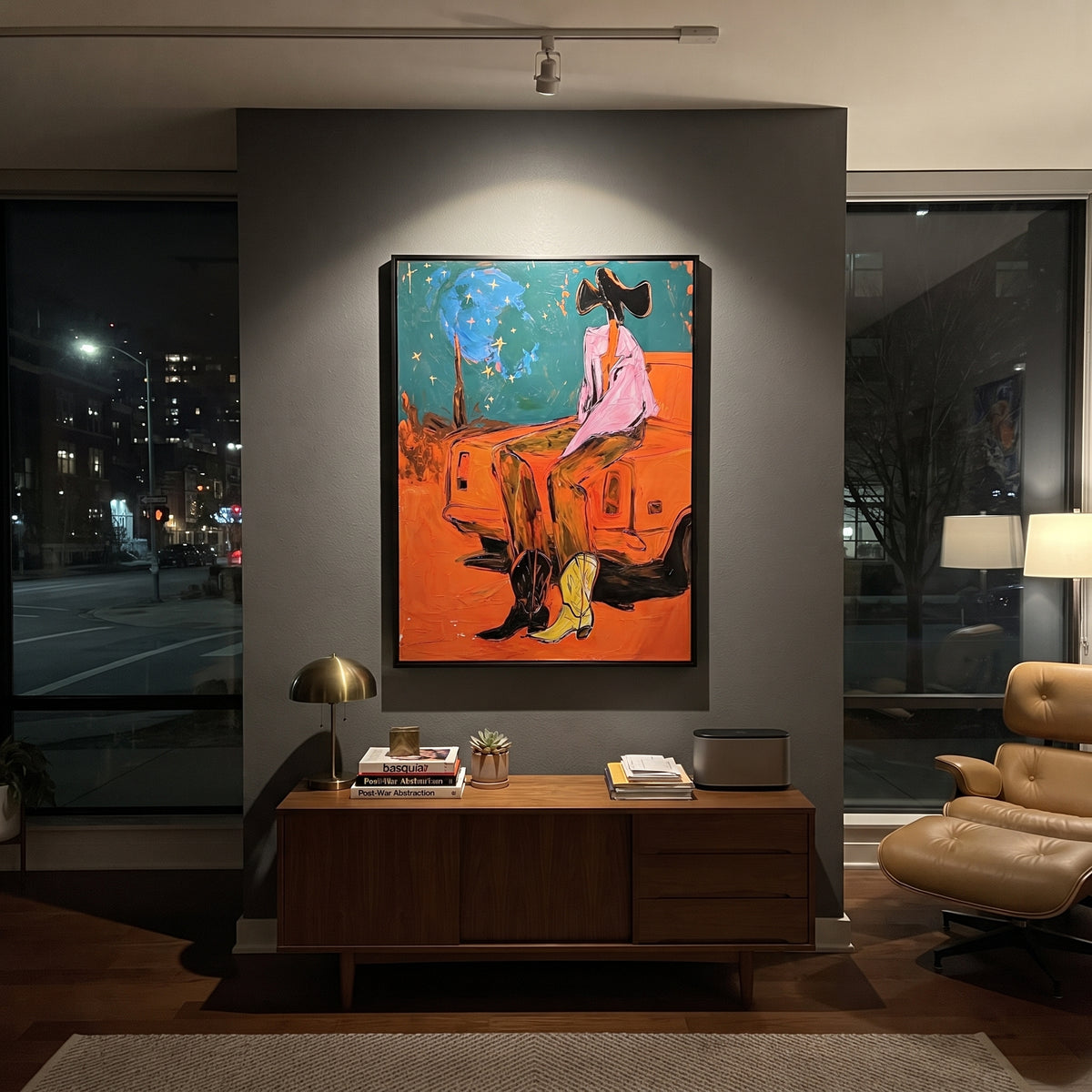 Midnight Truck Cowgirl is written from the actual artwork image, focusing on a cowgirl sitting by an orange truck under teal night with yellow boots. The composition is built from specific visible details: orange truck body, seated pink figure, yellow boots, teal night sky, and roadside western setting. The vertical composition keeps attention on orange truck body, seated pink figure, yellow boots, teal night sky, and roadside western setting, using open ground, cropped edges, and strong color