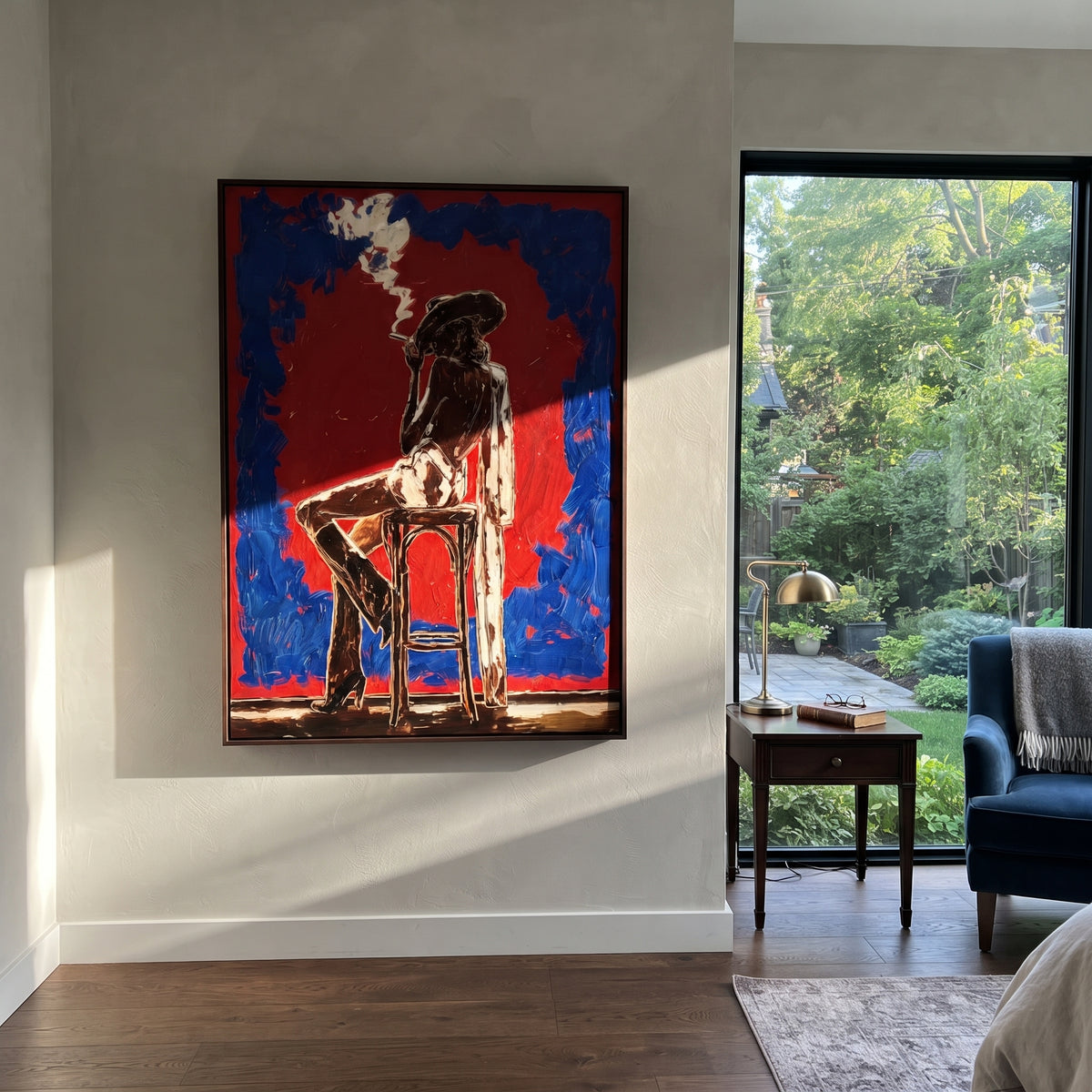 Red Smoking Cowgirl Chair is written from the actual artwork image, focusing on a smoking cowgirl seated on a chair inside a red field with blue border. The composition is built from specific visible details: seated black figure, cigarette smoke, red center field, blue border, and stark chair silhouette. The vertical composition keeps attention on seated black figure, cigarette smoke, red center field, blue border, and stark chair silhouette, using open ground, cropped edges, and strong color