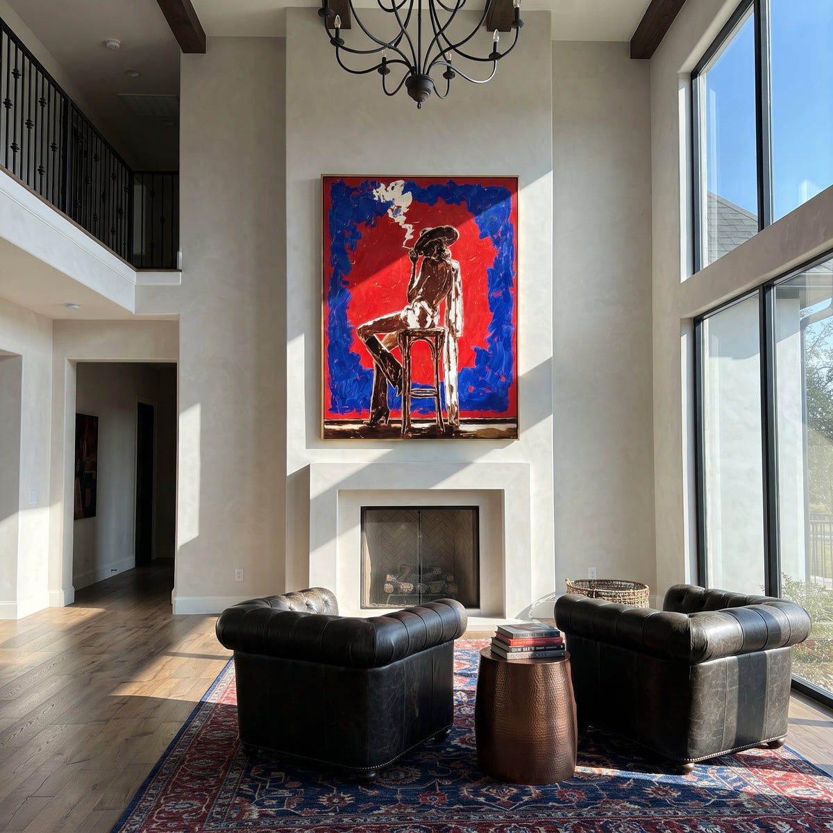 Red Smoking Cowgirl Chair is written from the actual artwork image, focusing on a smoking cowgirl seated on a chair inside a red field with blue border. The composition is built from specific visible details: seated black figure, cigarette smoke, red center field, blue border, and stark chair silhouette. The vertical composition keeps attention on seated black figure, cigarette smoke, red center field, blue border, and stark chair silhouette, using open ground, cropped edges, and strong color