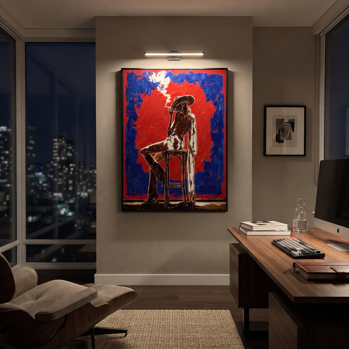Red Smoking Cowgirl Chair is written from the actual artwork image, focusing on a smoking cowgirl seated on a chair inside a red field with blue border. The composition is built from specific visible details: seated black figure, cigarette smoke, red center field, blue border, and stark chair silhouette. The vertical composition keeps attention on seated black figure, cigarette smoke, red center field, blue border, and stark chair silhouette, using open ground, cropped edges, and strong color