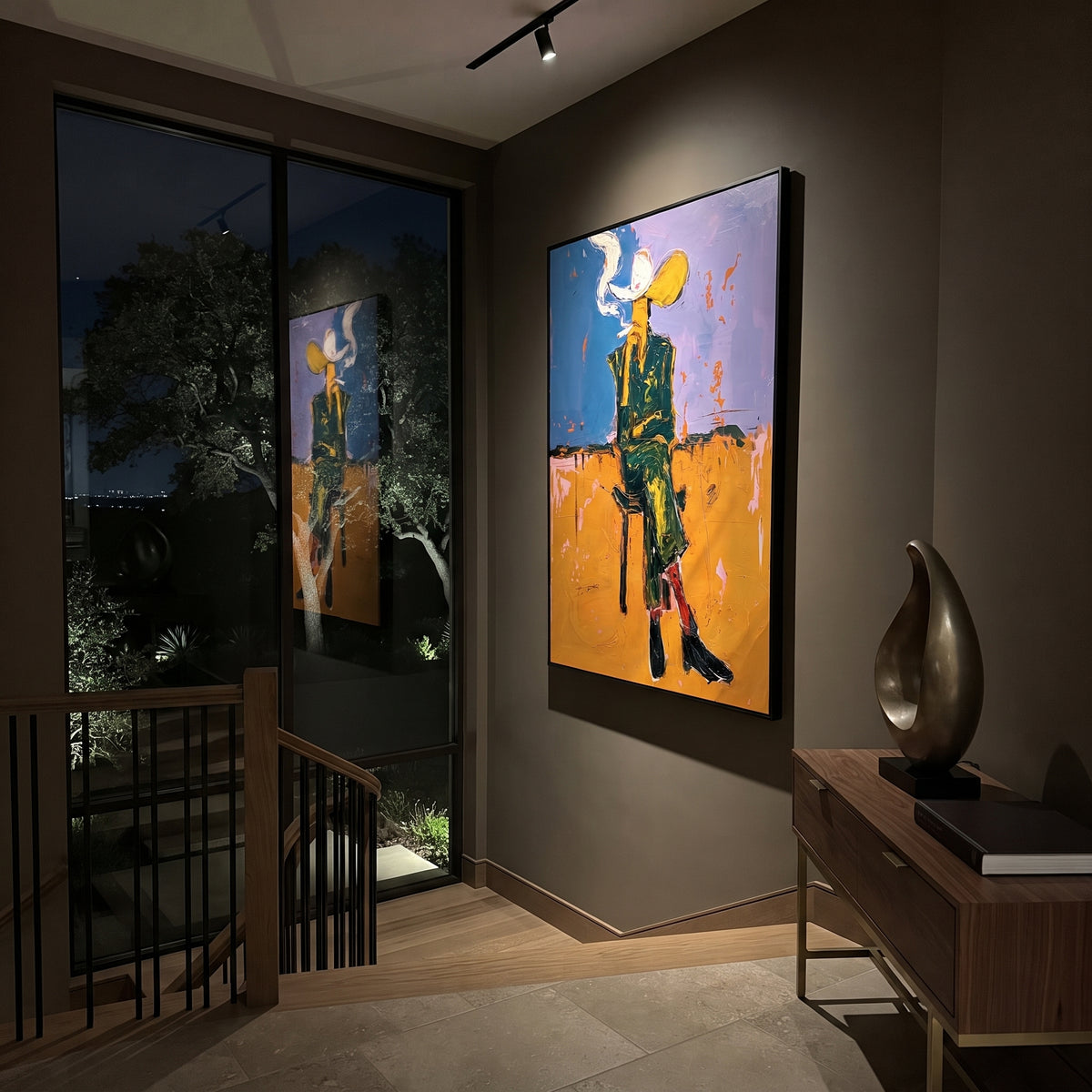 Dusk Cigarette Cowboy is written from the actual artwork image, focusing on a standing cowboy smoking at dusk with blue sky and orange wall. The composition is built from specific visible details: standing dark figure, cigarette smoke, yellow hat, orange wall, blue upper field, and lean posture. The vertical composition keeps attention on standing dark figure, cigarette smoke, yellow hat, orange wall, blue upper field, and lean posture, using open ground, cropped edges, and strong color blocks