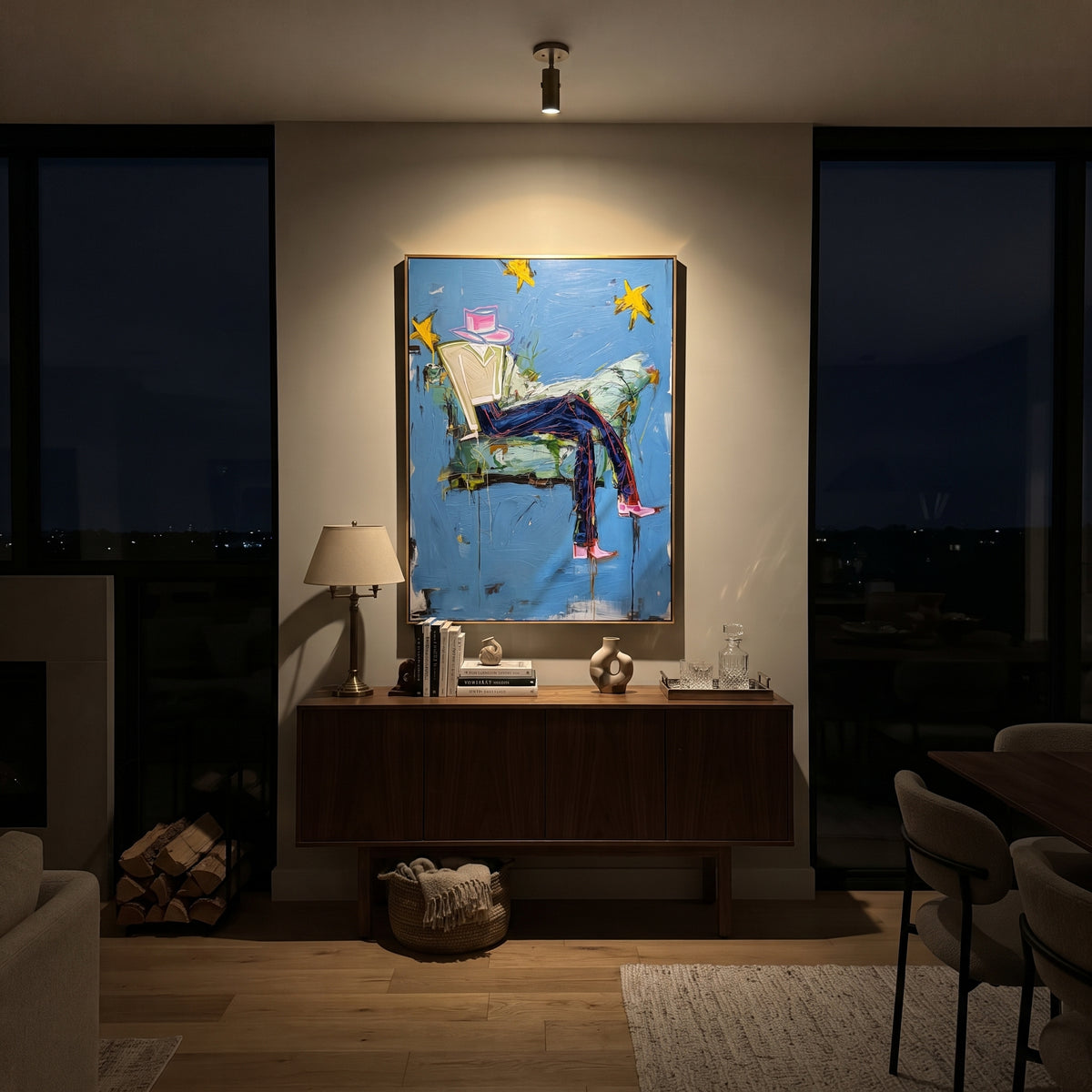 Dreamy Star Lounge Cowboy is written from the actual artwork image, focusing on a reclining cowboy on a chair with blue wall, yellow stars, and cocktail glass. The composition is built from specific visible details: tilted chair, reclining legs, yellow stars, blue wall, cocktail glass, and loose lounge geometry. The vertical composition keeps attention on tilted chair, reclining legs, yellow stars, blue wall, cocktail glass, and loose lounge geometry, using open ground, cropped edges, and strong