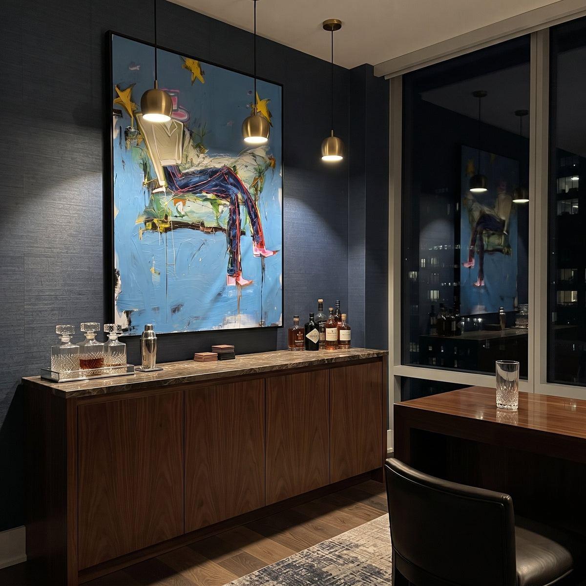 Dreamy Star Lounge Cowboy is written from the actual artwork image, focusing on a reclining cowboy on a chair with blue wall, yellow stars, and cocktail glass. The composition is built from specific visible details: tilted chair, reclining legs, yellow stars, blue wall, cocktail glass, and loose lounge geometry. The vertical composition keeps attention on tilted chair, reclining legs, yellow stars, blue wall, cocktail glass, and loose lounge geometry, using open ground, cropped edges, and strong