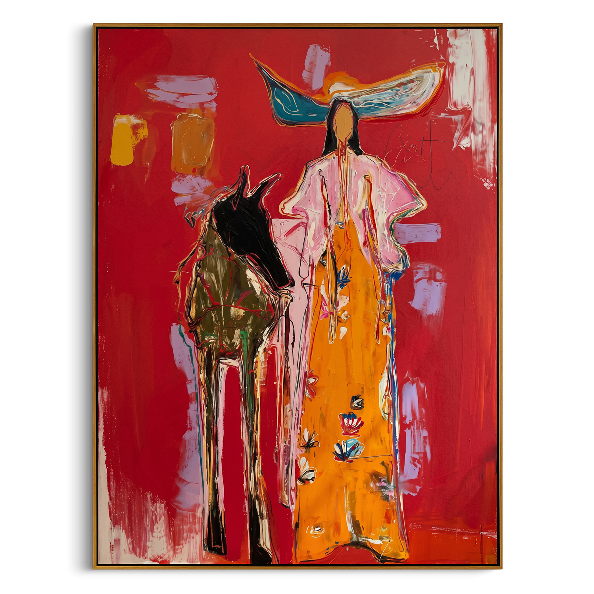 Dust Devotion Horse Cowgirl is written from the actual artwork image, focusing on a cowgirl and horse standing together on a red field with orange dress and white hat. The composition is built from specific visible details: white hat, orange dress, horse beside figure, red wall, small glass accents, and devotional stance. The vertical composition keeps attention on white hat, orange dress, horse beside figure, red wall, small glass accents, and devotional stance, using open ground, cropped