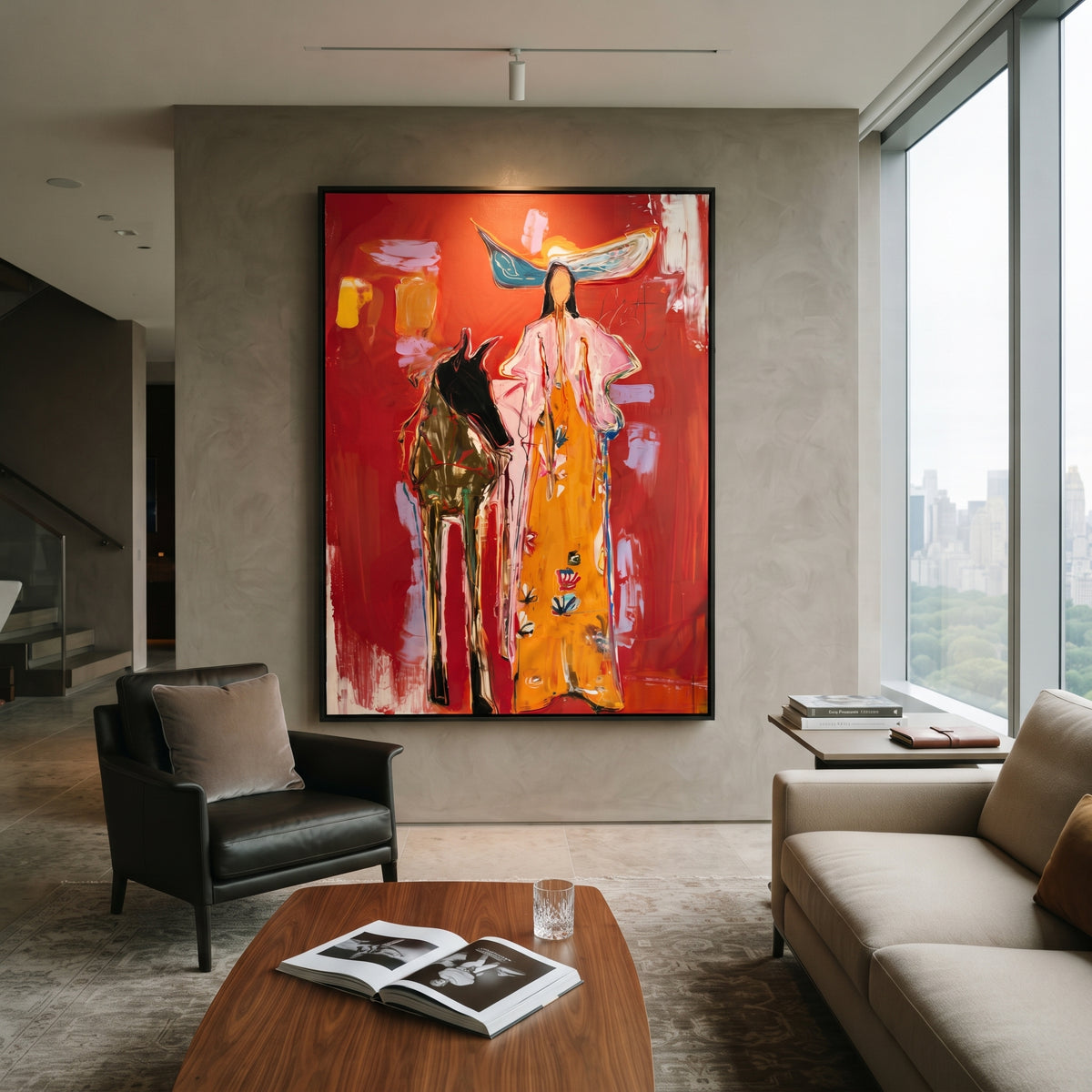 Dust Devotion Horse Cowgirl is written from the actual artwork image, focusing on a cowgirl and horse standing together on a red field with orange dress and white hat. The composition is built from specific visible details: white hat, orange dress, horse beside figure, red wall, small glass accents, and devotional stance. The vertical composition keeps attention on white hat, orange dress, horse beside figure, red wall, small glass accents, and devotional stance, using open ground, cropped
