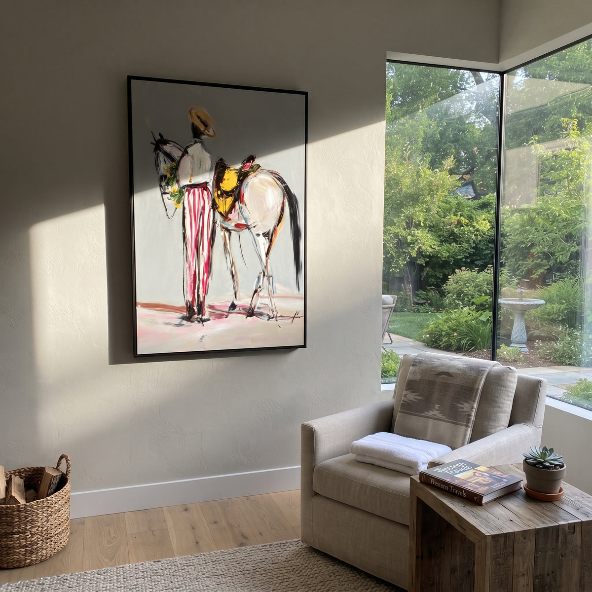 White Horse Modern Cowboy is written from the actual artwork image, focusing on a modern cowboy in striped trousers holding a white horse on a pale blue ground. The composition is built from specific visible details: white horse, tall cowboy, striped pink trousers, pale blue ground, and spare fashion linework. The vertical composition keeps attention on white horse, tall cowboy, striped pink trousers, pale blue ground, and spare fashion linework, using open ground, cropped edges, and strong