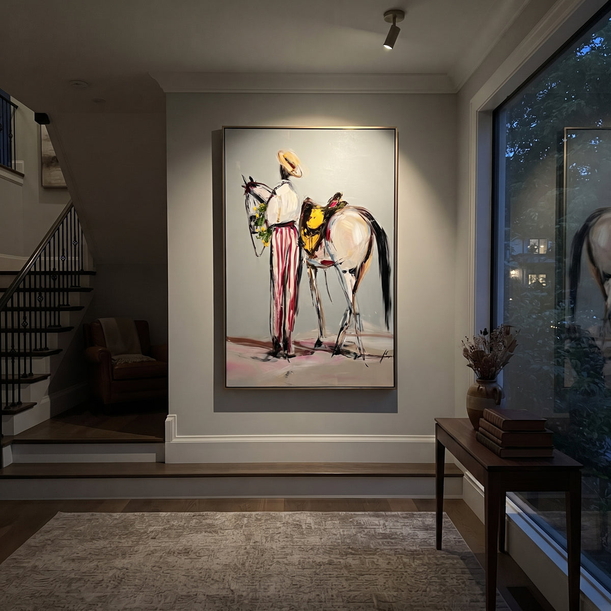 White Horse Modern Cowboy is written from the actual artwork image, focusing on a modern cowboy in striped trousers holding a white horse on a pale blue ground. The composition is built from specific visible details: white horse, tall cowboy, striped pink trousers, pale blue ground, and spare fashion linework. The vertical composition keeps attention on white horse, tall cowboy, striped pink trousers, pale blue ground, and spare fashion linework, using open ground, cropped edges, and strong