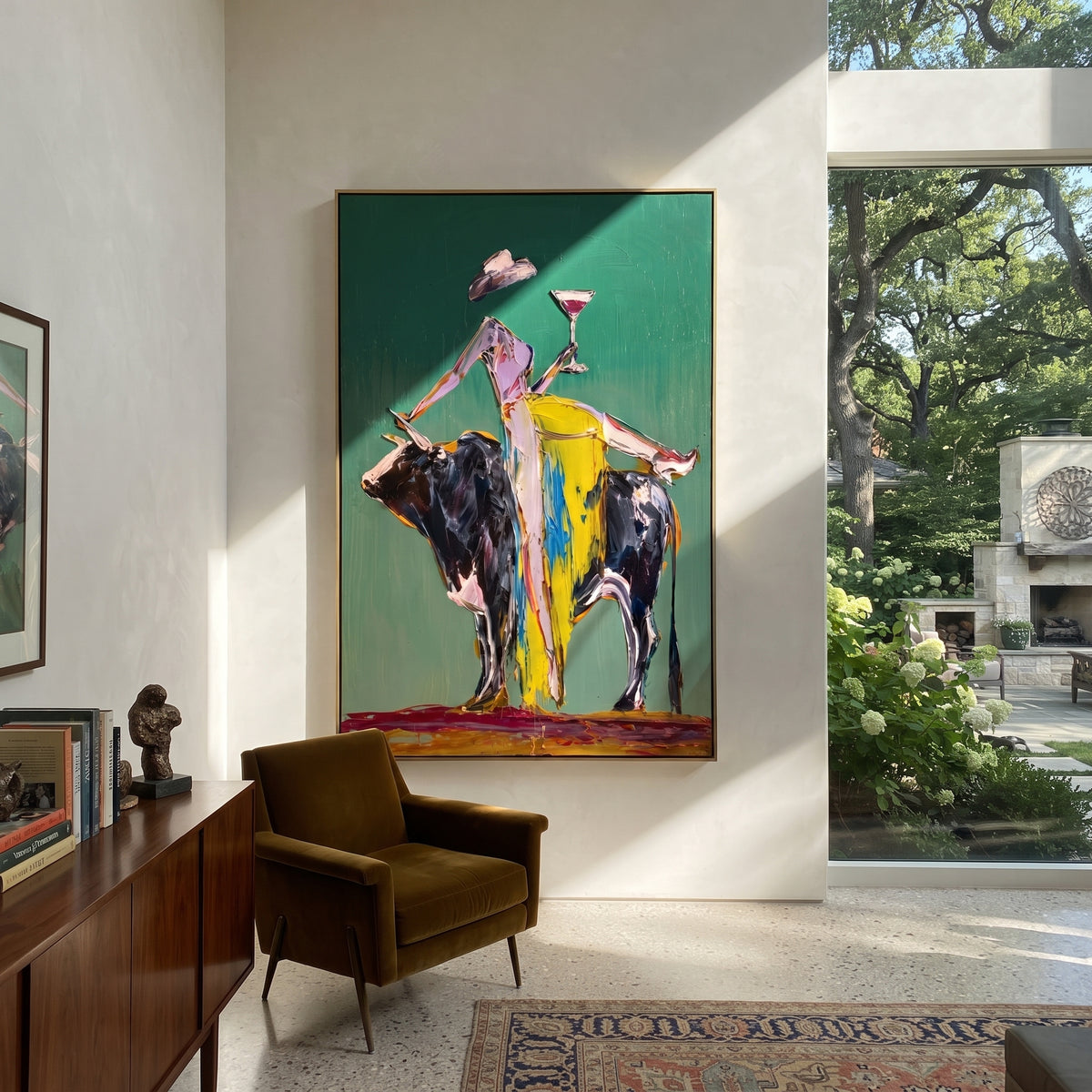 Green Bull Martini Rider is written from the actual artwork image, focusing on a cowgirl balancing on a black bull with martini glass against green. The composition is built from specific visible details: black bull, raised martini, yellow pants, green background, white hat, and rodeo-bar humor. The vertical composition keeps attention on black bull, raised martini, yellow pants, green background, white hat, and rodeo-bar humor, using open ground, cropped edges, and strong color blocks to make