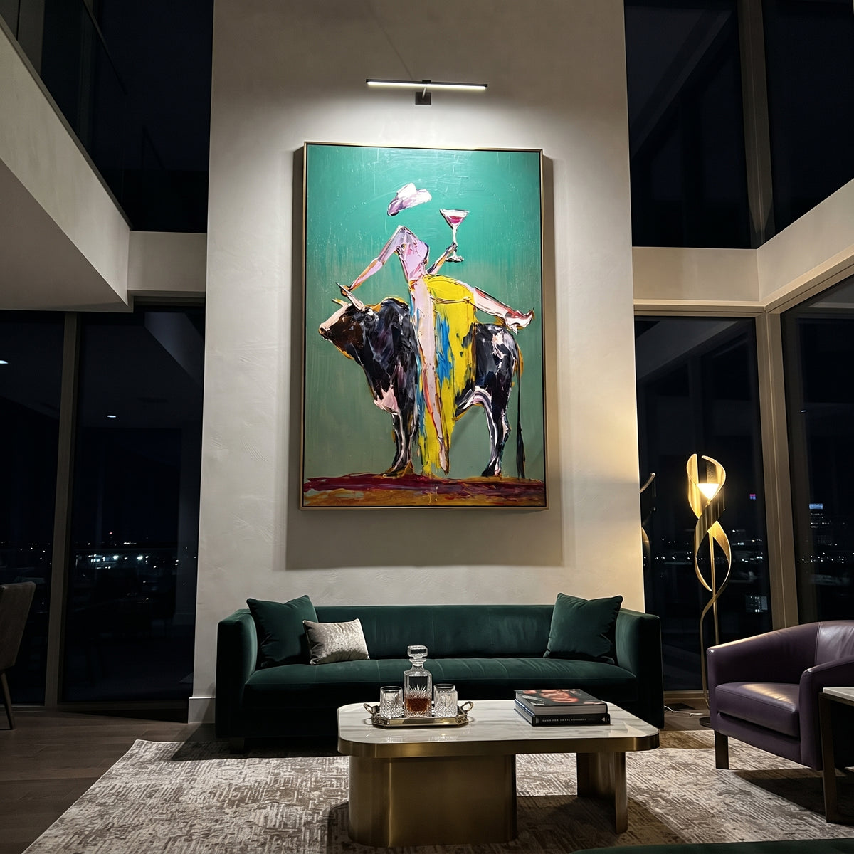 Green Bull Martini Rider is written from the actual artwork image, focusing on a cowgirl balancing on a black bull with martini glass against green. The composition is built from specific visible details: black bull, raised martini, yellow pants, green background, white hat, and rodeo-bar humor. The vertical composition keeps attention on black bull, raised martini, yellow pants, green background, white hat, and rodeo-bar humor, using open ground, cropped edges, and strong color blocks to make