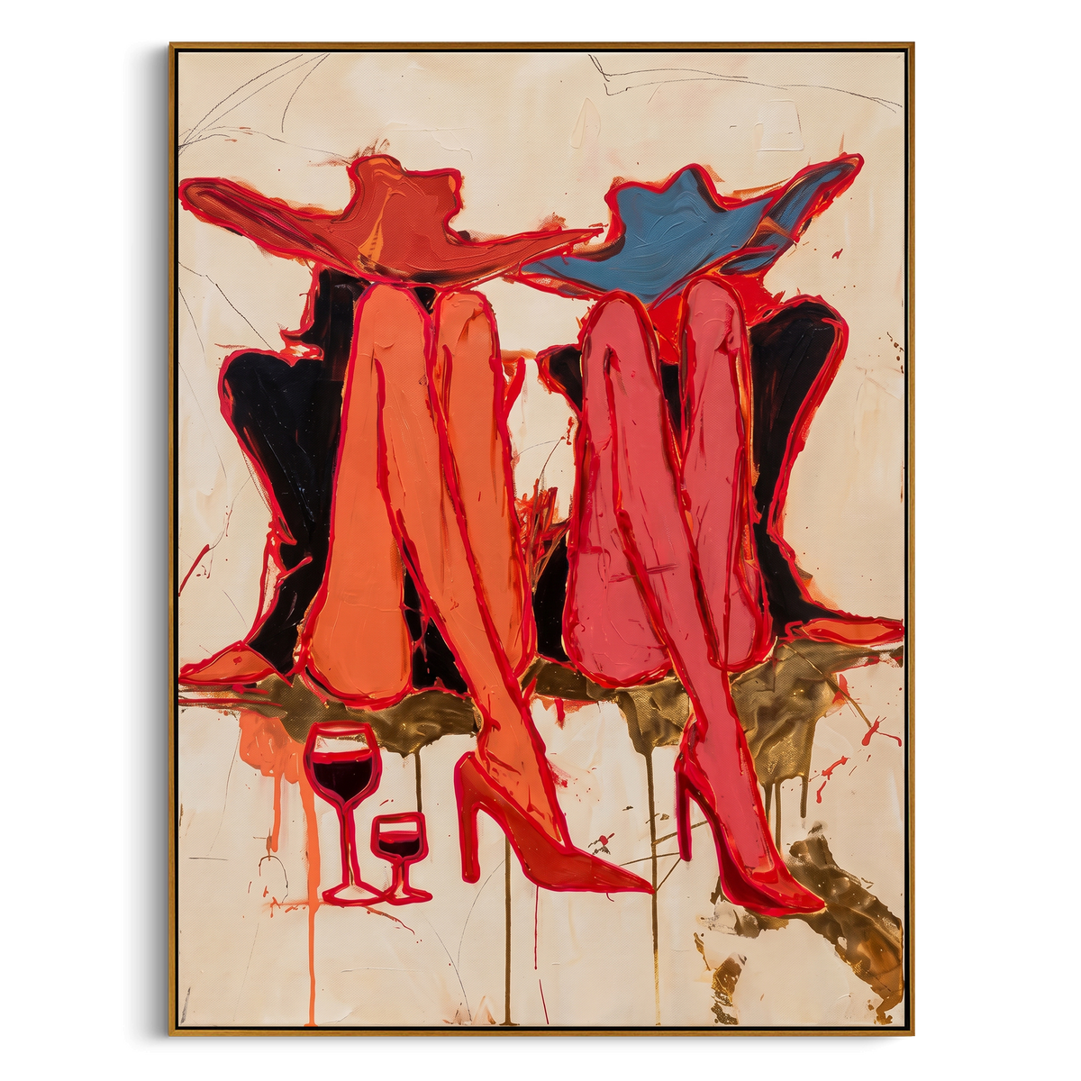Twin Red Boot Toast is written from the actual artwork image, focusing on two sets of red boots with wine glasses and hat silhouettes on pale ground. The composition is built from specific visible details: paired red boots, wine glasses, blue hat shape, cream ground, and fashion still-life rhythm. The vertical composition keeps attention on paired red boots, wine glasses, blue hat shape, cream ground, and fashion still-life rhythm, using open ground, cropped edges, and strong color blocks to