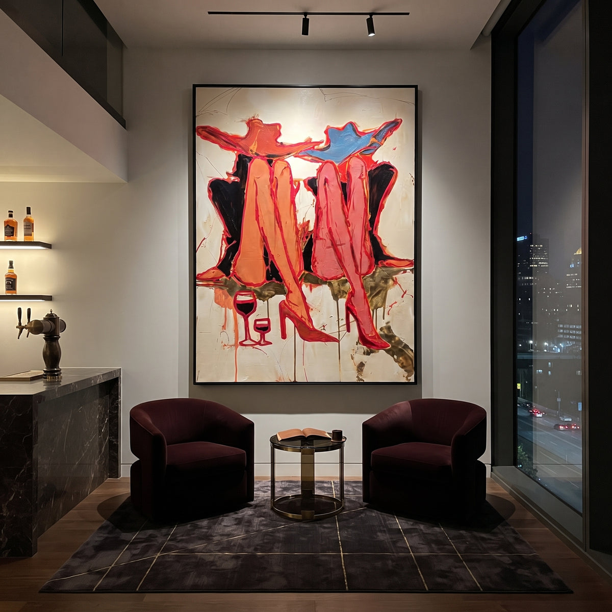 Twin Red Boot Toast is written from the actual artwork image, focusing on two sets of red boots with wine glasses and hat silhouettes on pale ground. The composition is built from specific visible details: paired red boots, wine glasses, blue hat shape, cream ground, and fashion still-life rhythm. The vertical composition keeps attention on paired red boots, wine glasses, blue hat shape, cream ground, and fashion still-life rhythm, using open ground, cropped edges, and strong color blocks to