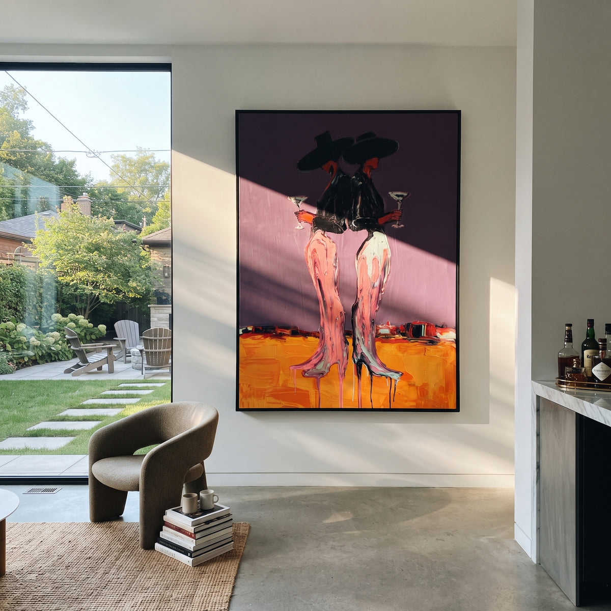 Neon Desert Cowgirls is written from the actual artwork image, focusing on two cowgirls in black hats standing close on an orange desert floor. The composition is built from specific visible details: paired black hats, pink legs, orange ground, purple wall, and cocktail-like stance. The vertical composition keeps attention on paired black hats, pink legs, orange ground, purple wall, and cocktail-like stance, using open ground, cropped edges, and strong color blocks to make the scene feel direct