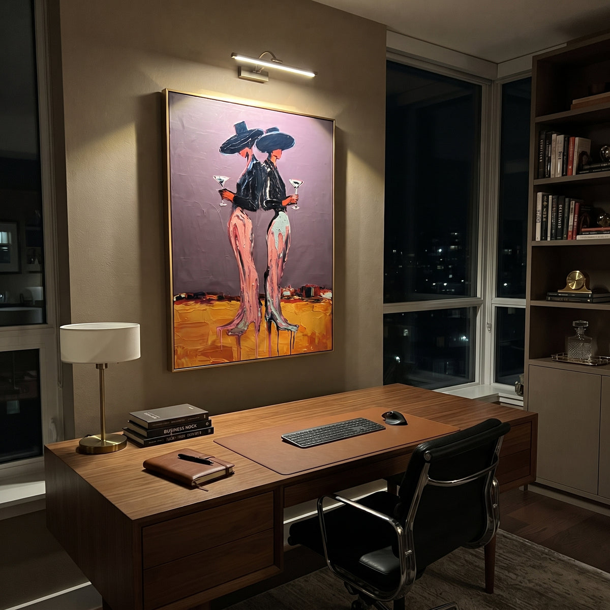 Neon Desert Cowgirls is written from the actual artwork image, focusing on two cowgirls in black hats standing close on an orange desert floor. The composition is built from specific visible details: paired black hats, pink legs, orange ground, purple wall, and cocktail-like stance. The vertical composition keeps attention on paired black hats, pink legs, orange ground, purple wall, and cocktail-like stance, using open ground, cropped edges, and strong color blocks to make the scene feel direct
