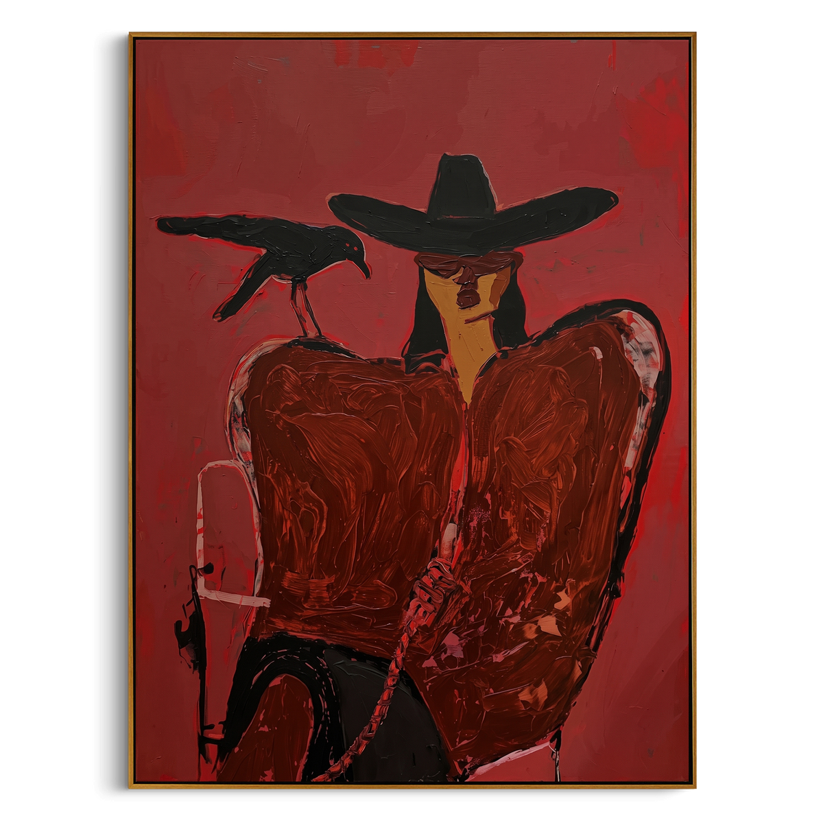 Crimson Crow Companion is written from the actual artwork image, focusing on a black-hat cowgirl beside a crow and drink on a deep crimson ground. The composition is built from specific visible details: black hat, crow silhouette, crimson chair shape, drink at side, and close intimate western mood. The vertical composition keeps attention on black hat, crow silhouette, crimson chair shape, drink at side, and close intimate western mood, using open ground, cropped edges, and strong color blocks